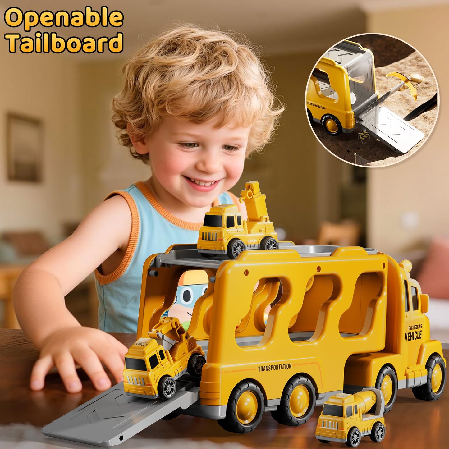 DULONIME Construction Truck Toys Set for Kids Aged 1 2 3 4 5 6 7 8, Truck Playset with Toy Car, Light and Sound, Movable Parts Construction Toys for Toddlers, Birthday Gifts for Boys Girls 2-4 4-7