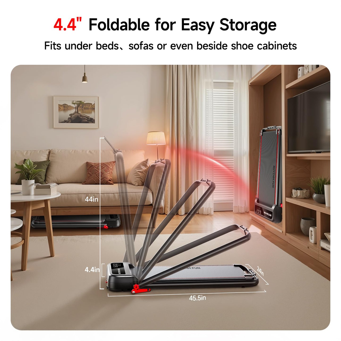 RHYTHM FUN Treadmill with Incline, Walking Pad with Handle Bar,300lbs Walking Pad with APP, Portable Folding Walking Treadmills for Home/Office with Low Noise