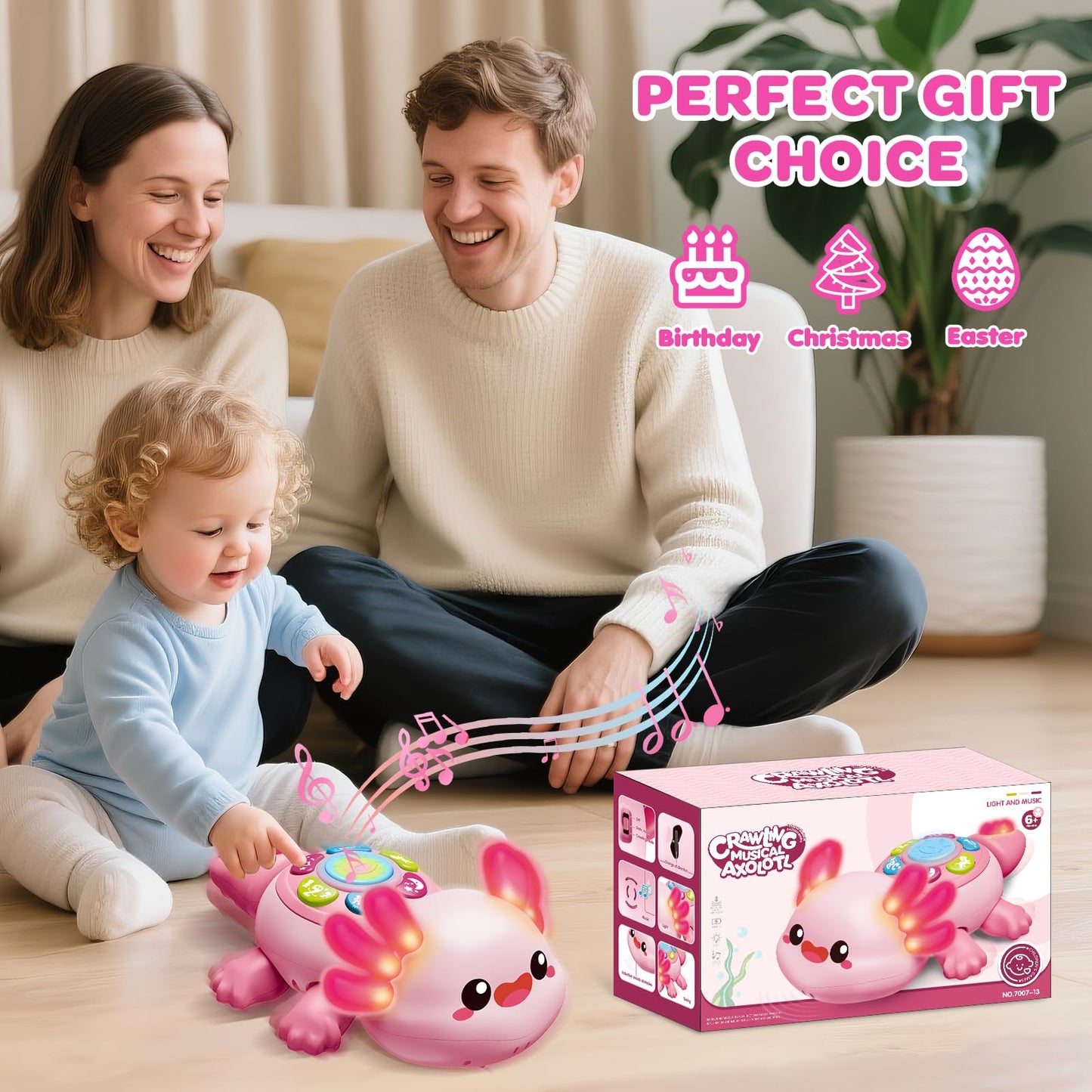 Baby Toys 6 to 12 Months, Light Up Tummy Time Toy for 12-18 Months, Crawling Axolotl Early Educational Musical Toy with Light, Christmas Birthday Gifts for Infant Baby 6-12 Month 1 2 Year Old