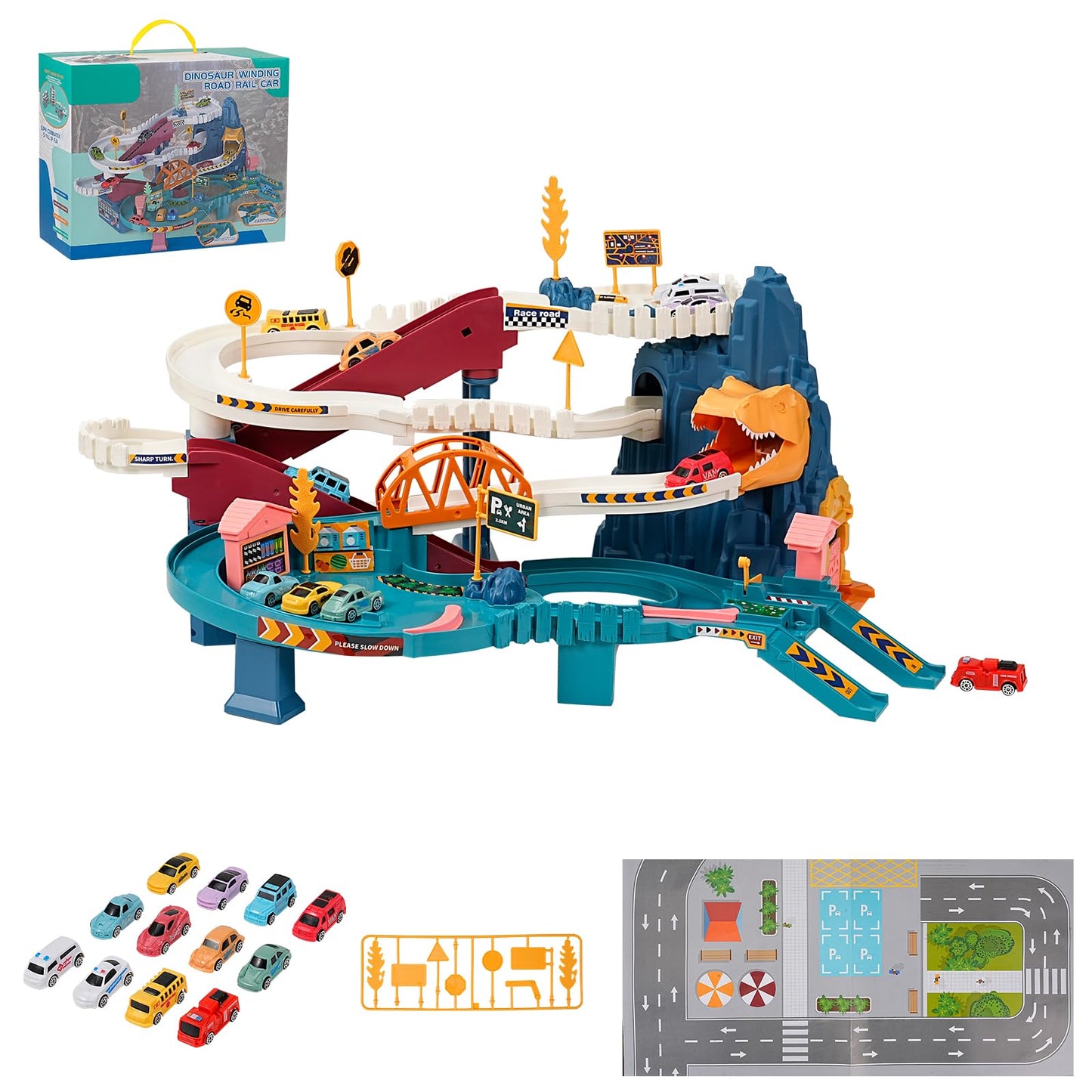 Toy Car Ramp Track, Climbing Hills Railcar Colorful Vehicles Construction Play Set with 12 Mini Racer Cars for Kids 3+(Dinosaur)