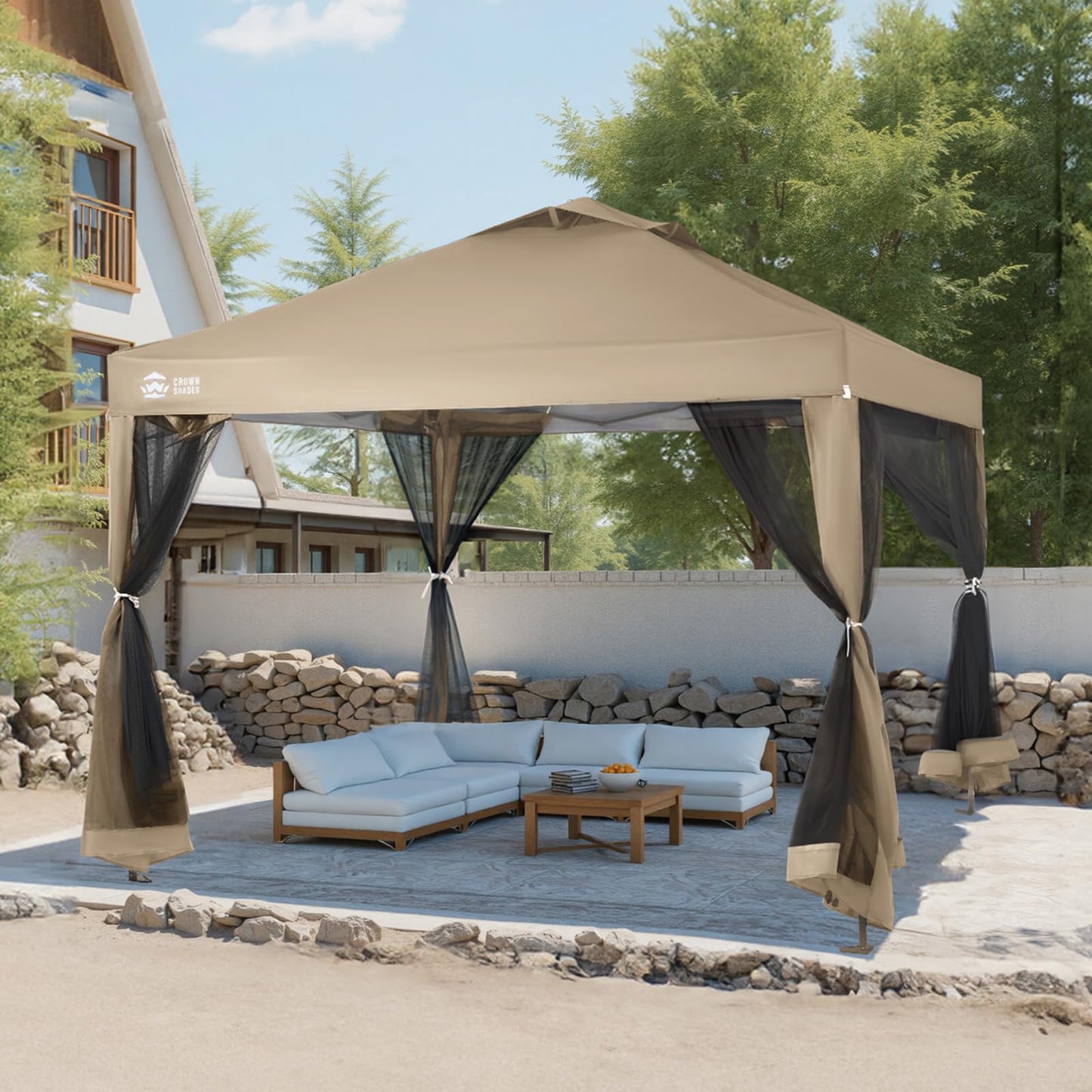 CROWN SHADES Gazebo 10x10 Pop Up Canopy with Mosquito Netting, Screen Tent with 4 Ropes, 8 Stakes, 4 Sandbags and Wheeled Storage Bag, Canopy for Patio & Backyard Parties,Camping&Events -(Beige)