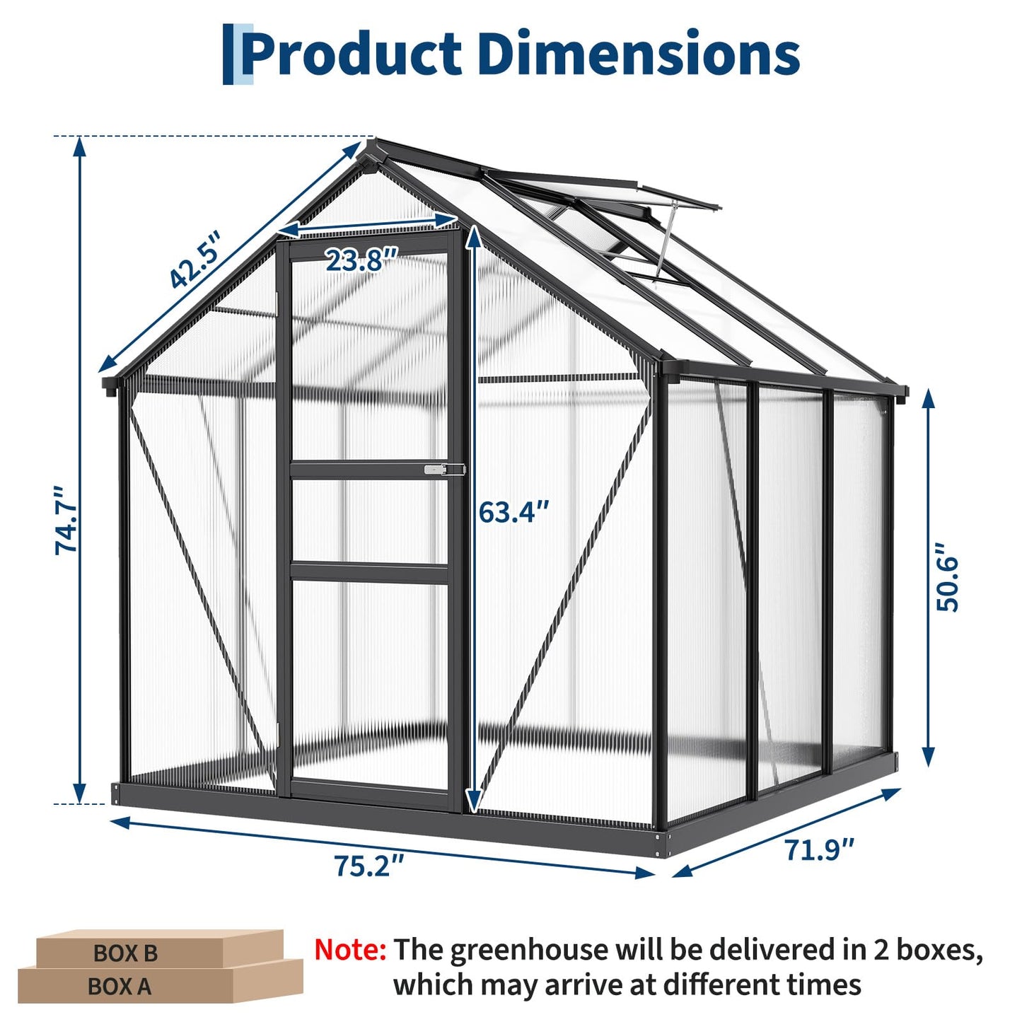 6x6 FT Outdoor Walk-in Greenhouse,All-Season Polycarbonate Garden Greenhouse with Reinforced Aluminum Frame, Roof Vent, Lockable Door & Easy Setup – Includes Ground Nails & Drainage(Black)