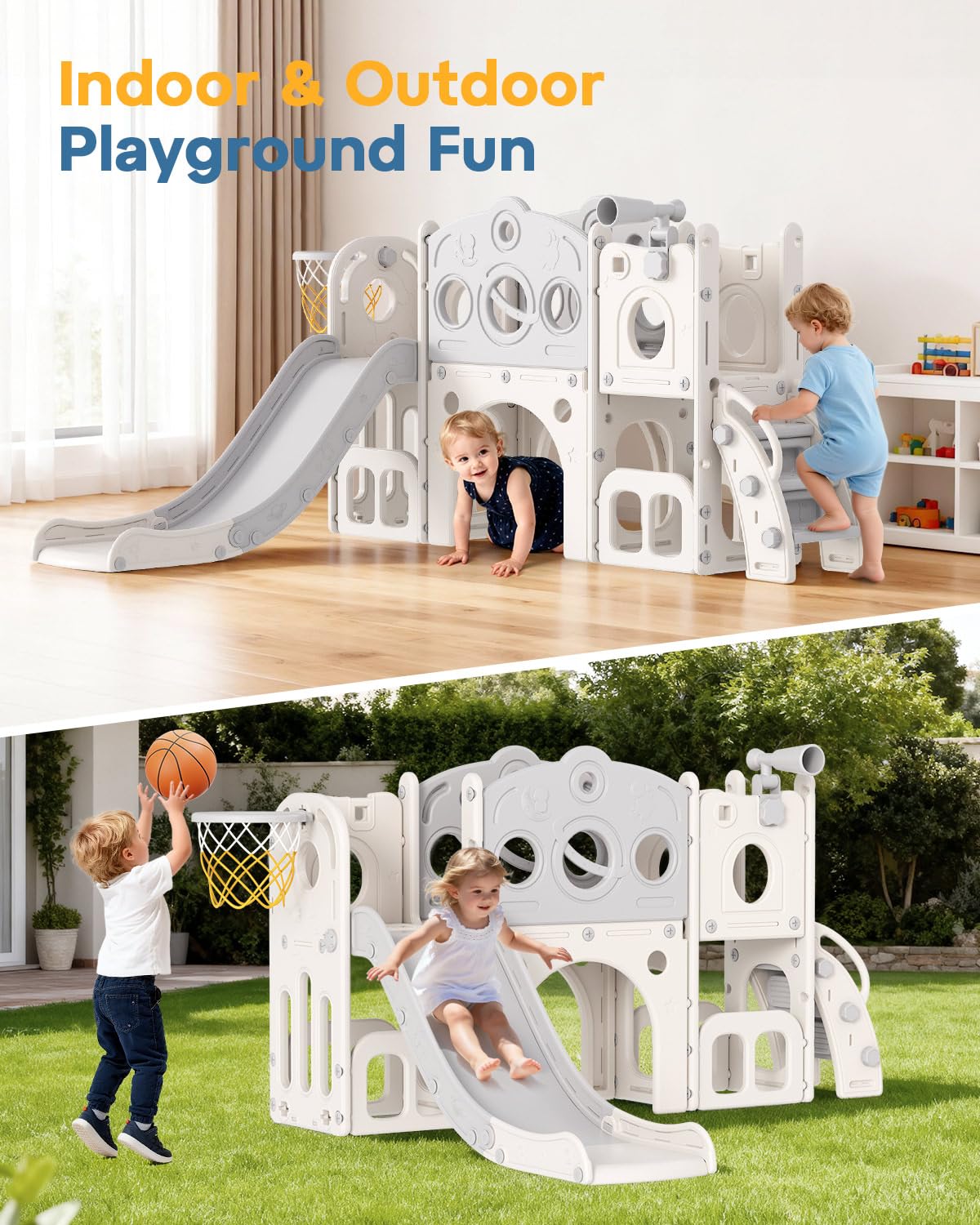 Babytronic Toddler Slide Set, 8 in 1 Kids Slide with Climber, Indoor Outdoor Slide for Toddlers Age 1-3, Toddler Playset with Basketball Hoop and Tunnel, Toddler Indoor Outdoor Playground (White&Gray)