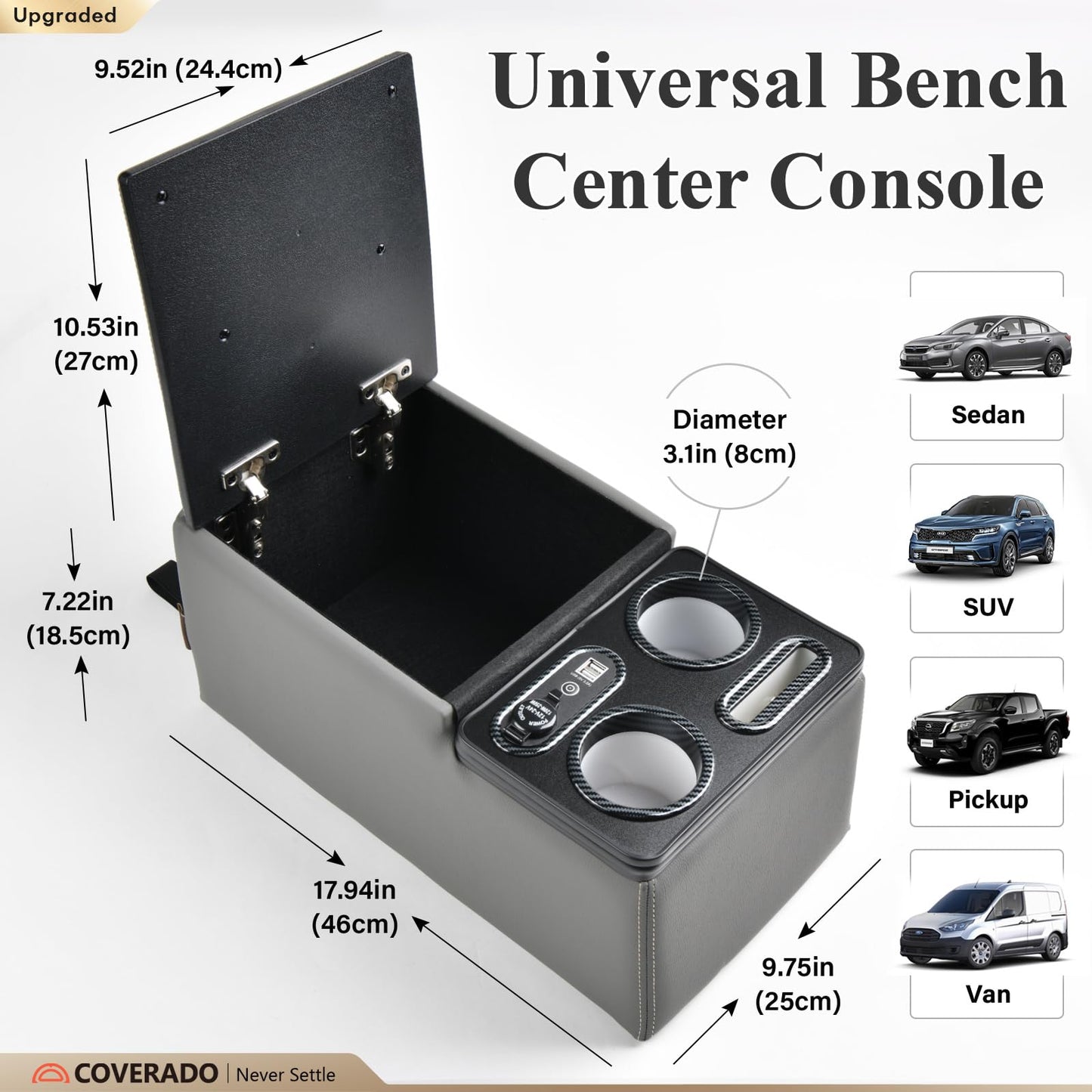 Coverado Car Center Console, Universal Bench Seat Consoles, Truck Center Console Automotive Center Console, Back Seat Organizer With Cup Holder+Phone Holder, Central Armrest Storage Box (Update, Gray)