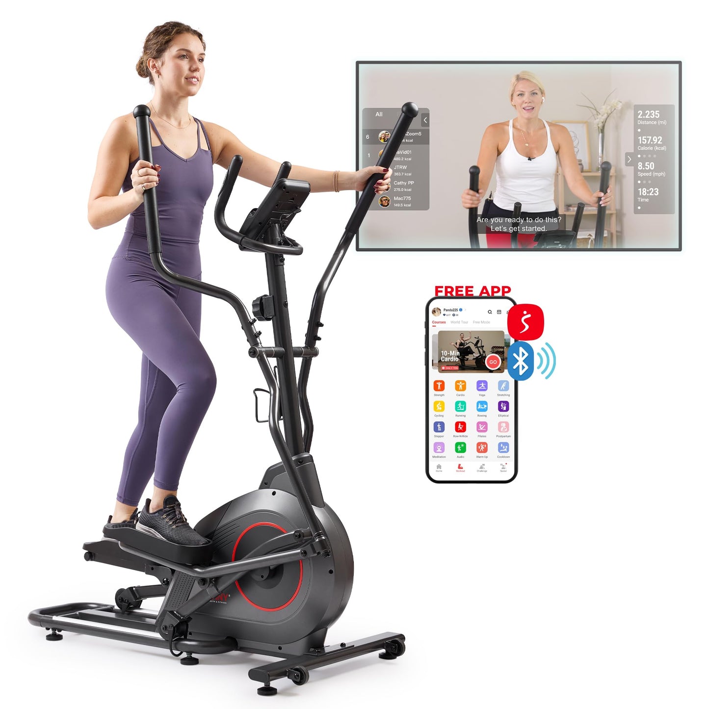 Sunny Health & Fitness Upright Elliptical Exercise Machine with Pulse Sensor for Full Body Cross Training Exercise Cardio Machine for Home, Optional Long Stride via Bluetooth and SunnyFit App Access