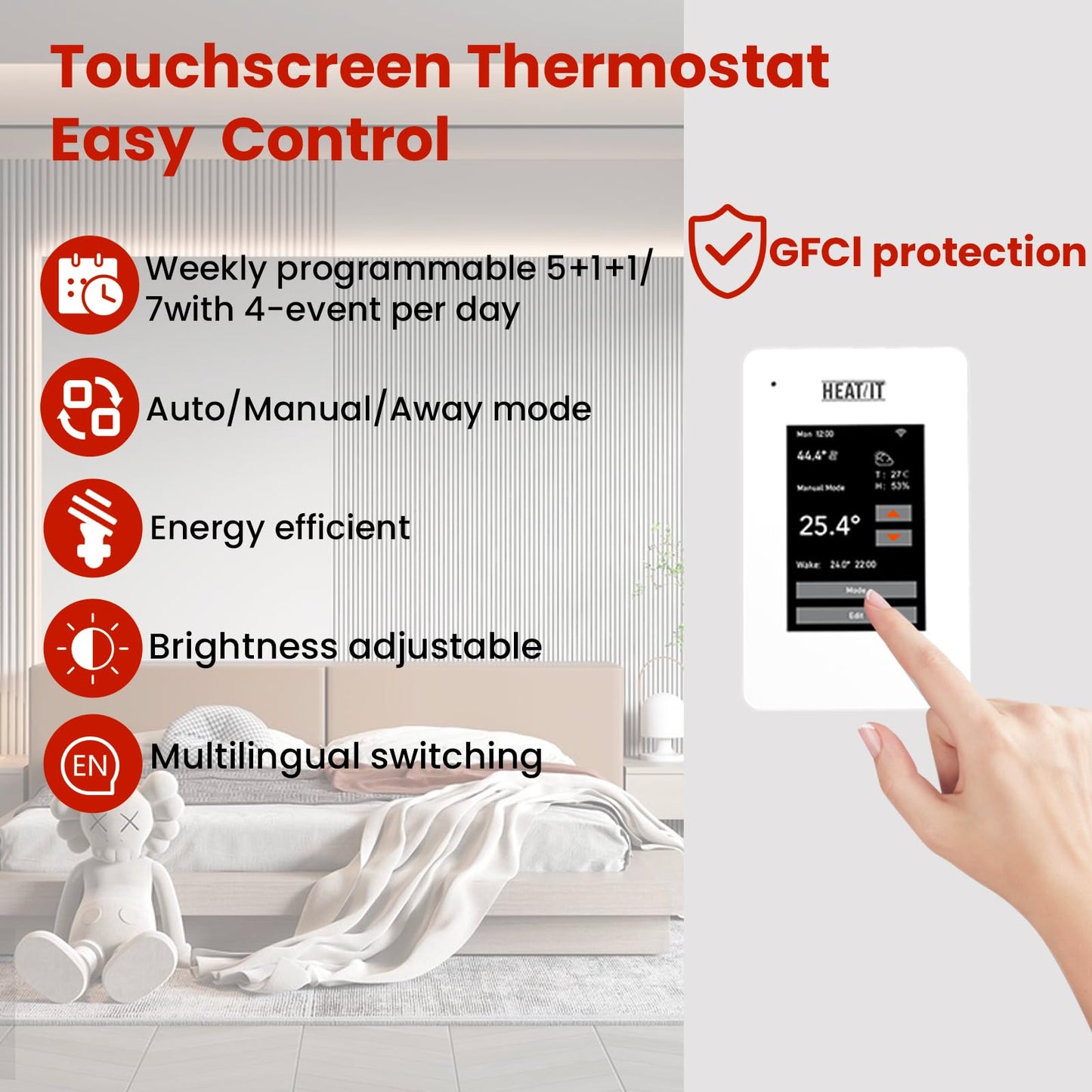 70 sqft HEATIT Warmmat Electric Radiant Self-adhesive Floor Heat Heating System & ET-7A Thermostat & Alarm Monitor