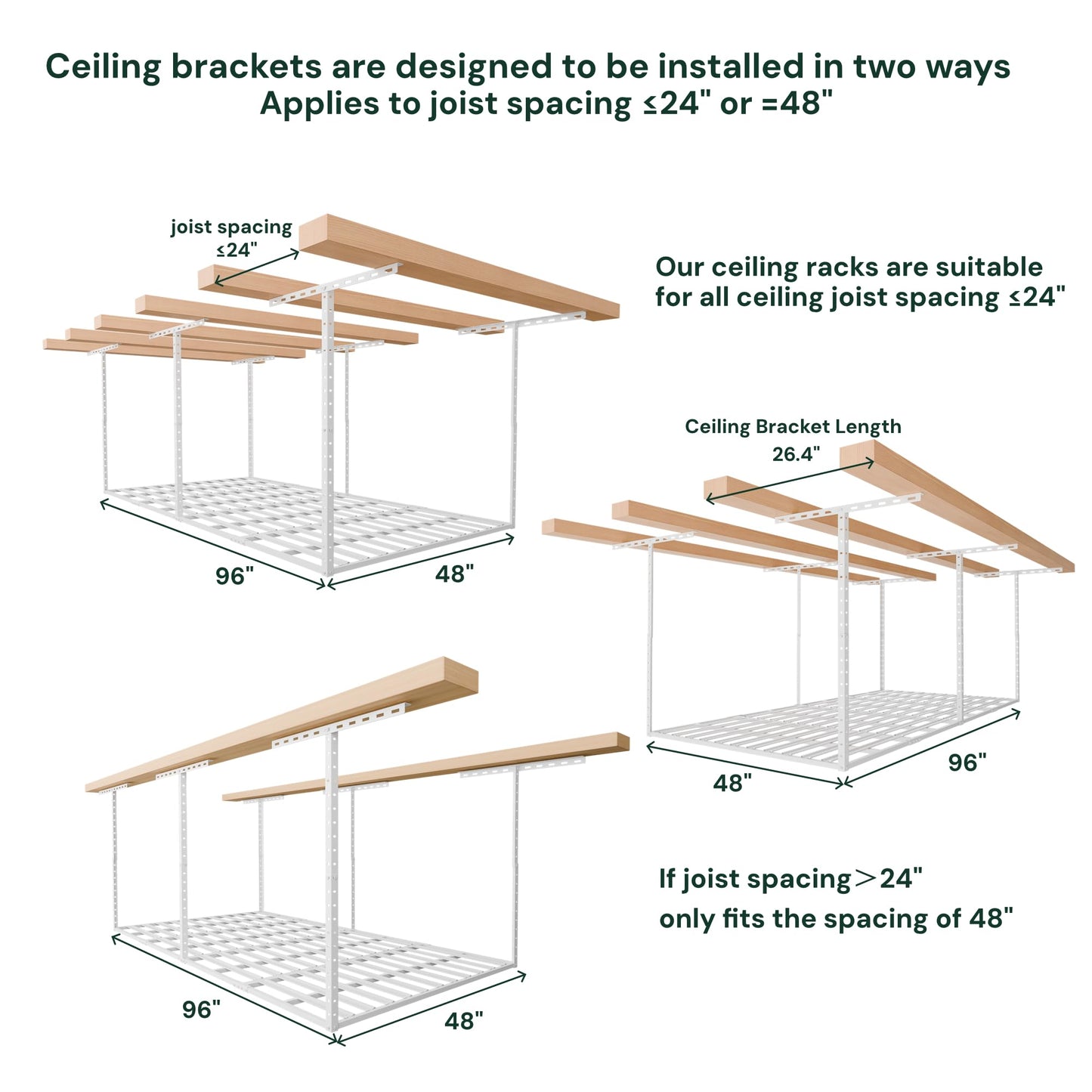 SunsGrove 4x8 Overhead Garage Storage Rack Organization, Adjustable Ceiling Mounted Storage Racks, 800LBS Weight Capacity, 22"-40" Ceiling Dropdown, White