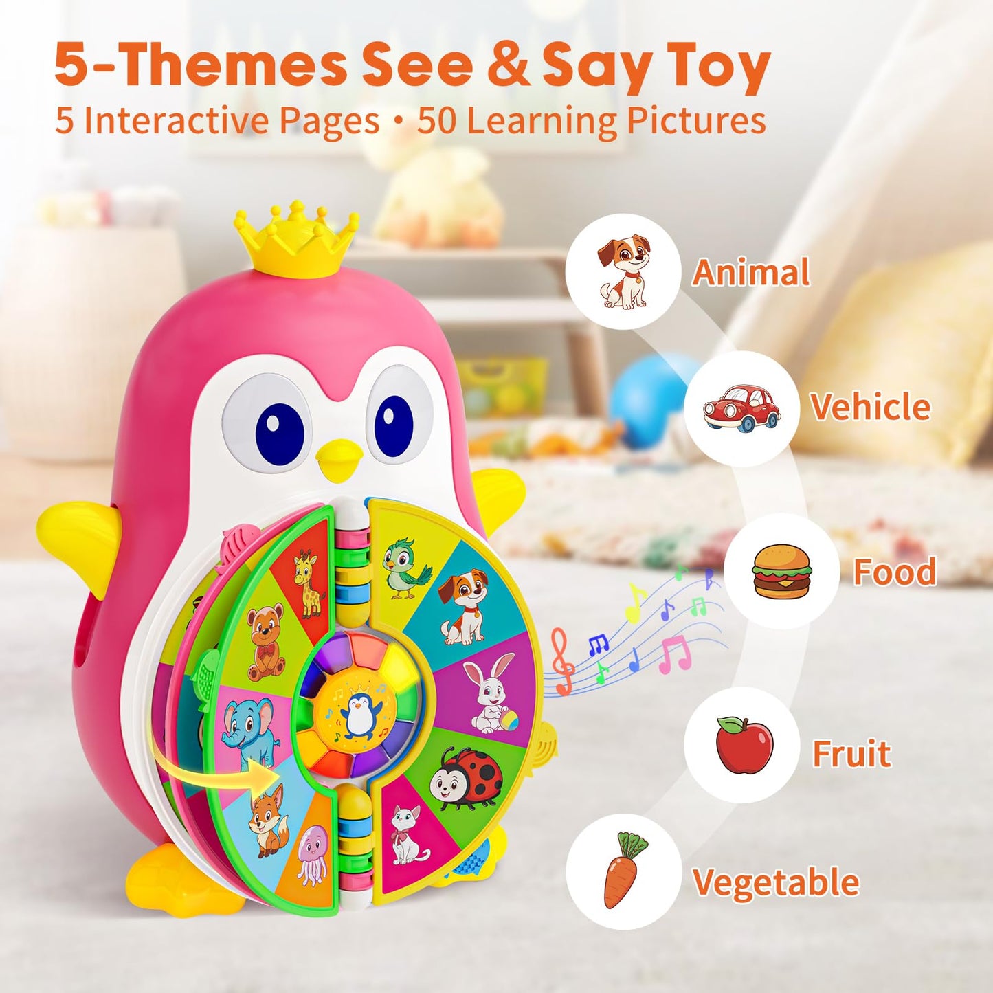 Vahome Musical Penguin Educational Toys for 1,2 Year Old Girl Gifts, Learning Toy for Toddlers 1-3 Yr with 5-Theme Pages, Lights & Music, First Birthday Gift for 1-2 Year Old 12-18 Month Age (Pink)