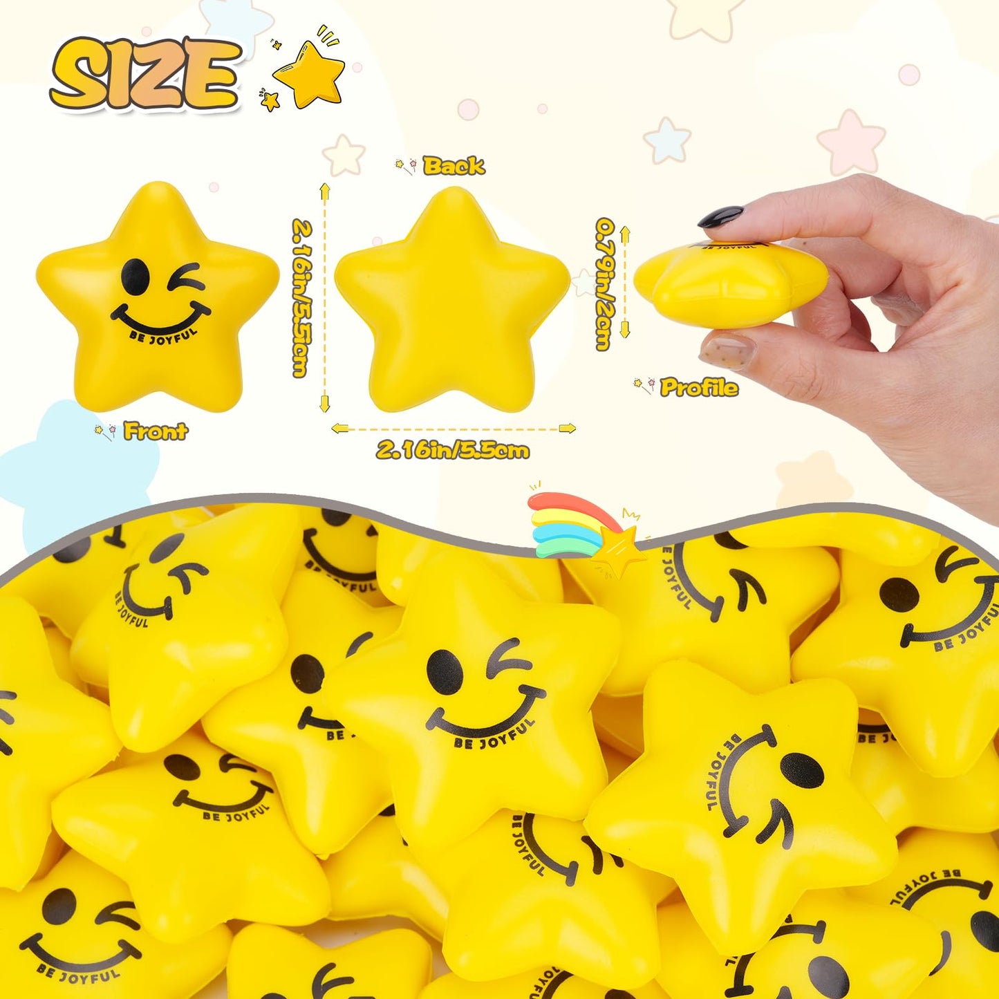 SHQDD Stress Balls, 108PCS Stress Balls for Kids & Adults - Mini Star Stress Balls Squeeze Toys, 2.16 Inch Cute Smiley Face Stress Relief Ball Bulk for Anxiety Fidget Sensory, Classroom Party Supplies