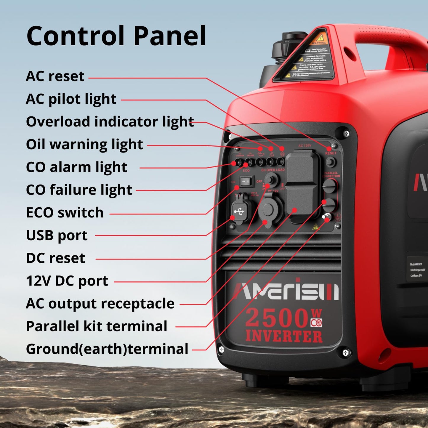 AMERISUN Portable Inverter Generator 2500W Gas Powered, Long Runtime Gas Generator for Camping