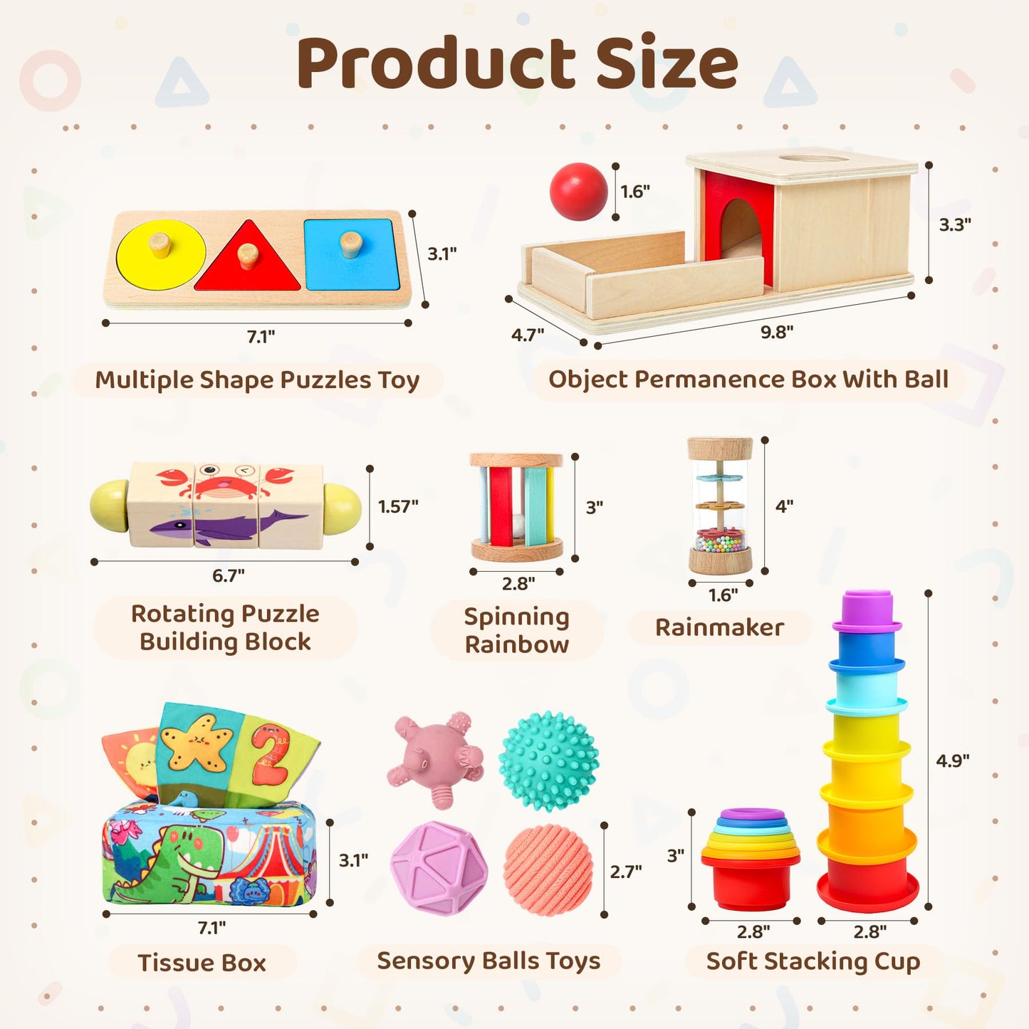 Montessori Toys for Babies 6-12 Months,1 Year Old,8 in 1 Baby Sensory Toy for 12-18 Months Toddler,Wooden Educational Development Toys with Soft Stacking Cup&Sensory Ball&Tissue Box
