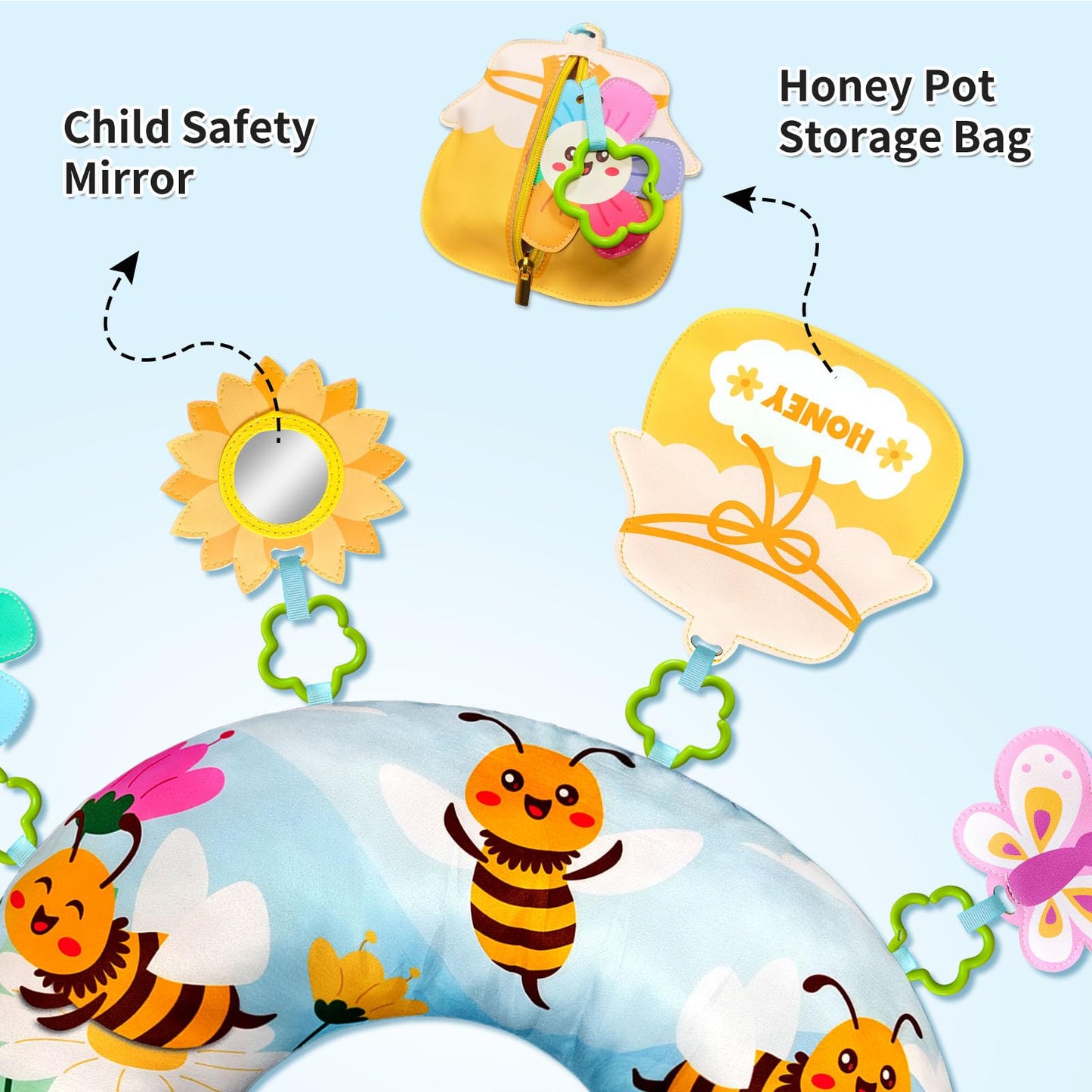 BOHEMIABY Bee Toddler Sensory Activity Toys, Newborn Crawling Companion with Removable Sunflower Mirror, Butterflies, Honey Pot Zipper Pockets Toys for 0-6 Months Babies
