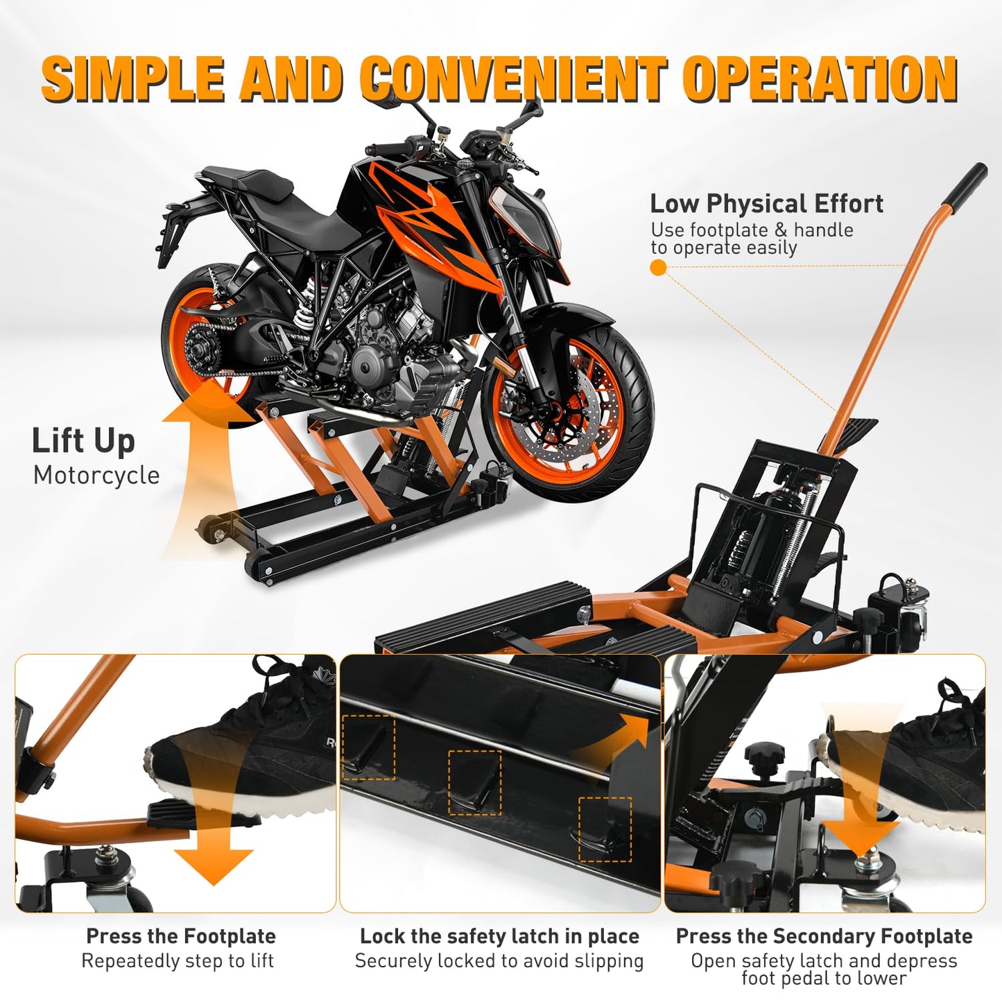 Nilight Motorcycle Lift Jack 1500 LBS Hydraulic Lifts ATV Scissor Jacks with Wheel Foot Pedal Handle Ratchet Belt Heavy Duty Lifter Stand Hoist Table for Dirt Bike Garage Storage Repair Tool,Orange