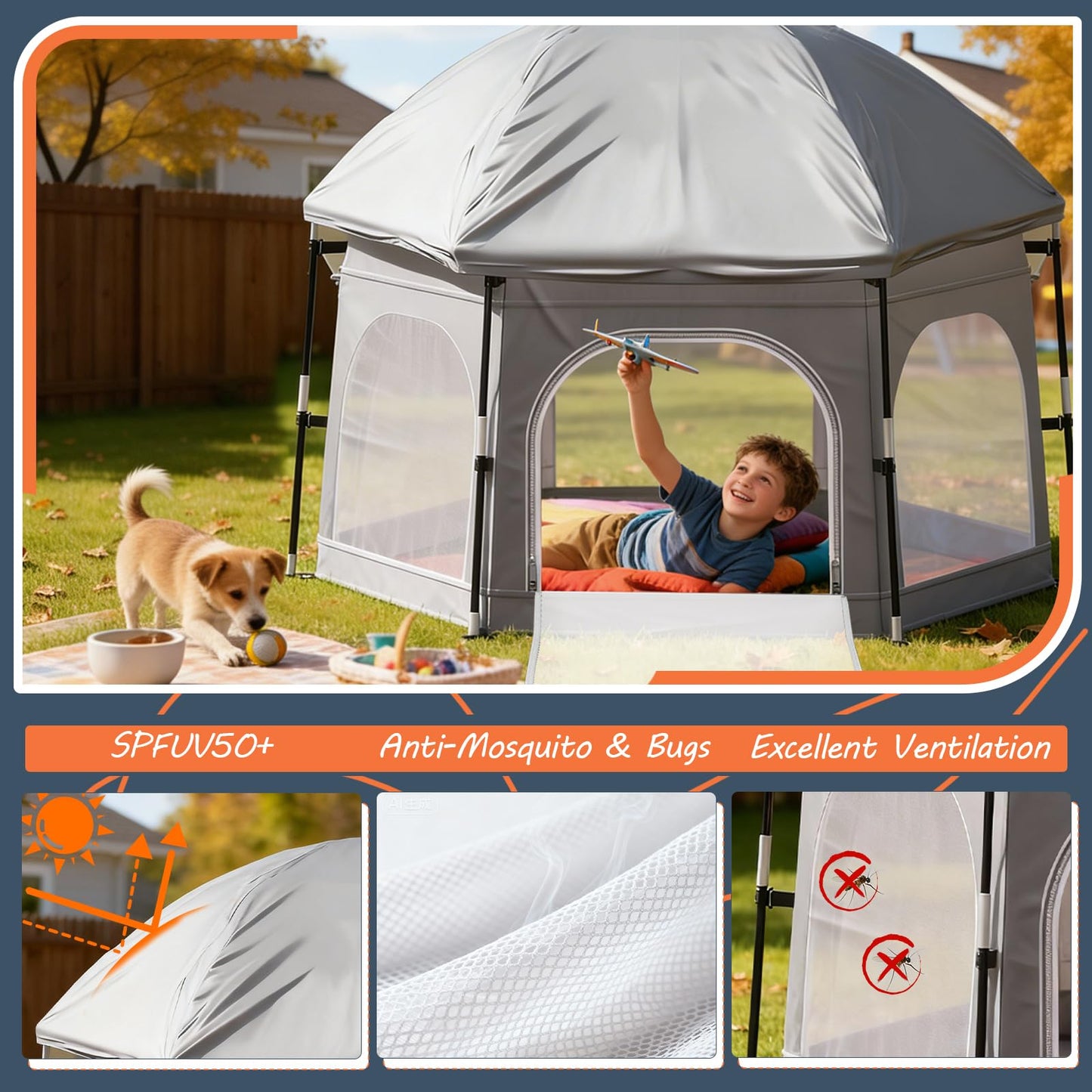 Baby Playpen with Canopy, Portable Outdoor & Indoor Baby Beach Tent for Babies and Toddlers, Foldable Play Yard with Mosquito Net, Travel Play Yard Includes Sand Stakes & Carry Bag