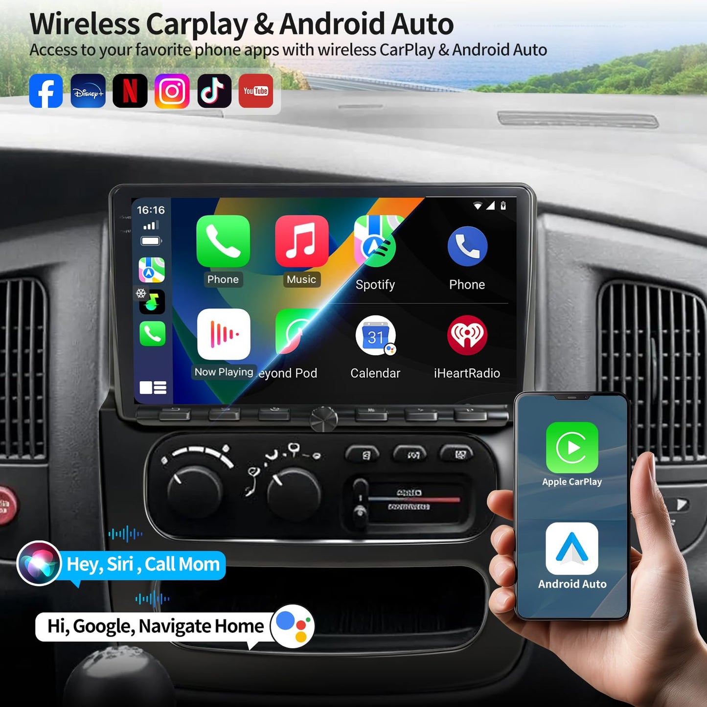 4+64G for Dodge RAM 1500 2500 3500 2002 2003 2004 2005 Radio 9 Inch Car Stereo with Physical Buttons and knobs Support Carplay Android Auto GPS Navigation SWC Back up Camera