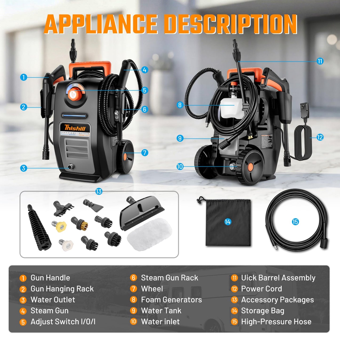 This Hill 2 in 1 Pressure Washer & Steam Cleaner, 2GPM 3000PSI with High Pressure Cleaner, 1500W High-Pressure Steamer for Cleaning, Suitable for Home, Tile, Carpet, Furniture & Personal Car Detailing