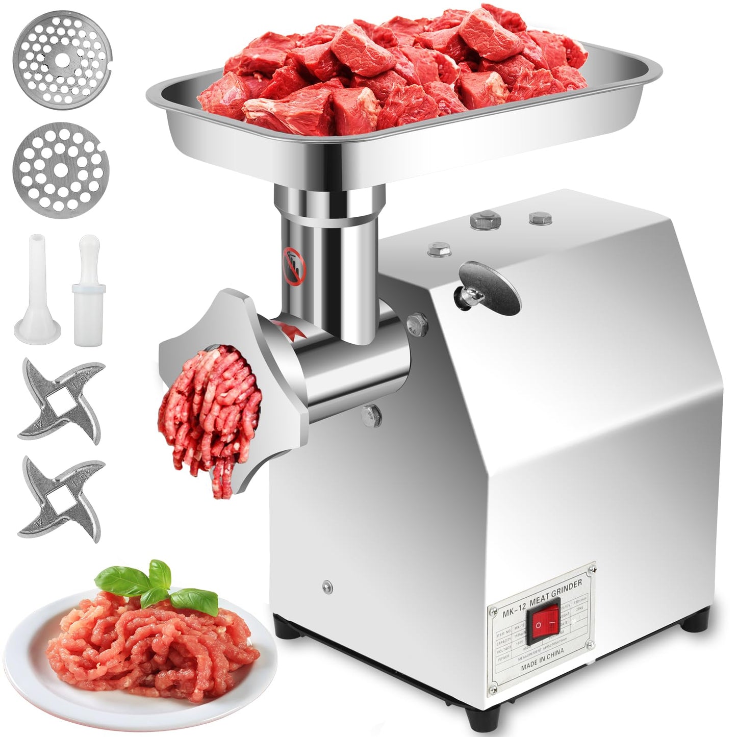 DIYAREA Commercial Meat Grinder, 850W 550LB/H Stainless Steel Electric Meat Mincer with 2 Blades, 2 Plates, Sausage Stuffer Tube, Heavy Duty Sausage Maker & Kibbe Kit for Home Kitchen Use, Restaurants