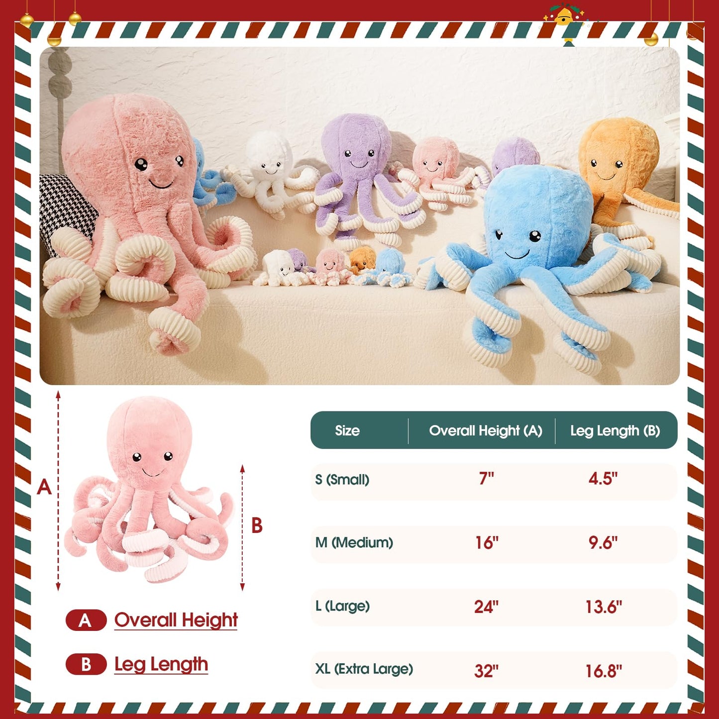 DENTRUN Octopus Stuffed Animals, Giant Octopus Plush Doll Play Toys for Kids Girls Boys Adults Birthday Xmas Halloween Present Stuffed Sea Animals Plushie, 7/16/24/32 Inches, 5 Colors