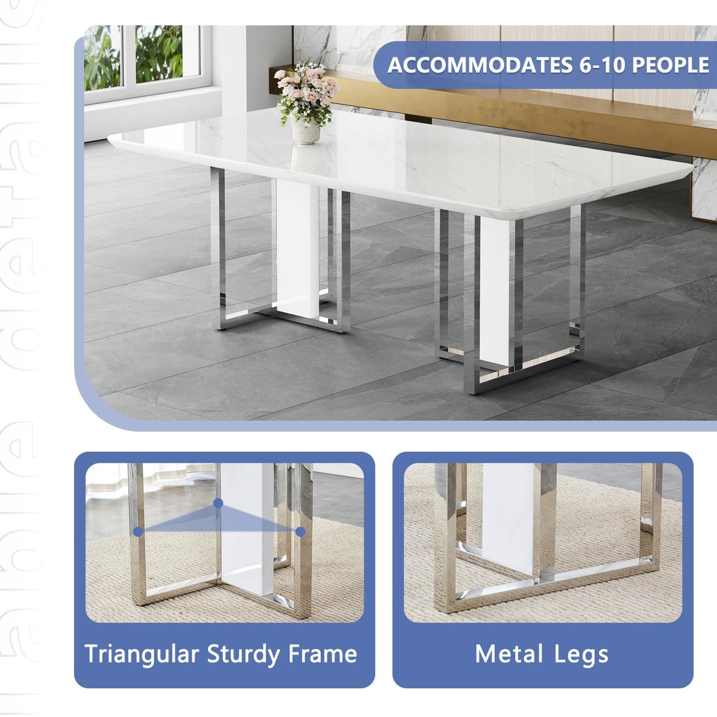 JUFU Dining Room Table Set for 8, Dinner Set for 8 with 79'' Faux Marble Tabletop and Sturdy T-Shape Leg, White Rectangle Dining Room Sets for 8 with PU Chairs, Perfect for Dining Room and Kitchen
