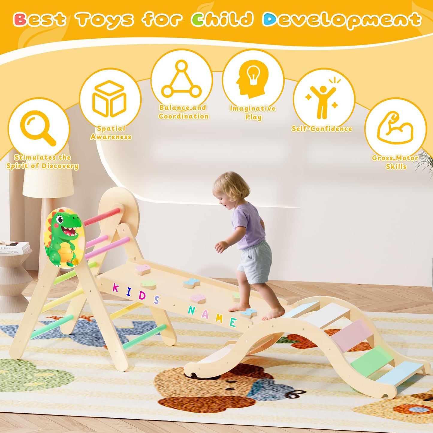 Acenova Pikler Triangle Climbing Set with Cushion and DIY Name Stickers, Montessori Wooden Climbing Gym for Toddlers, Indoor Jungle Gym, Dinosaur Pikler Triangle Arch Ramp Climber Toy