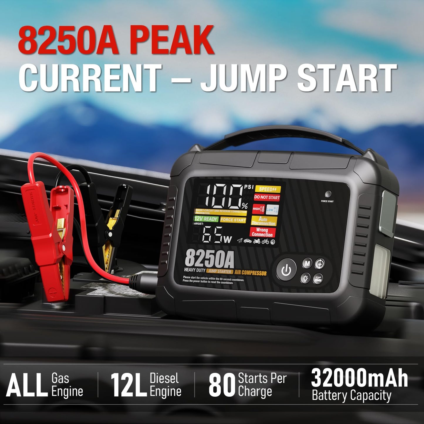 JFEGWO CS02-8250A Jump Starter Heavy Duty with Air Compressor (All Gas/12L Diesel), 118Wh 150PSI Portable Car Truck Jump Pack, 12V Lithium Jump Box Battery Booster Pack 65W Fast Charging LED Display