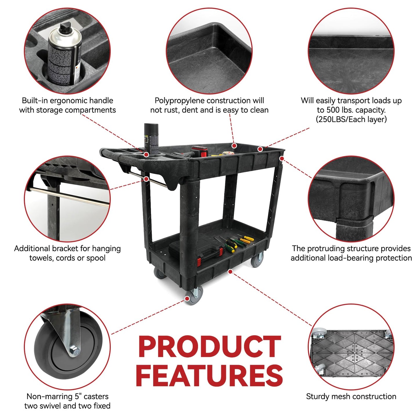 2-Shelf Rolling Utility Cart, Heavy-Duty Service and Tool Cart on Wheels, 40 x 17 Inch, 500 lb Load Capacity, Ideal for Garages, Warehouses, Church and Commercial Use