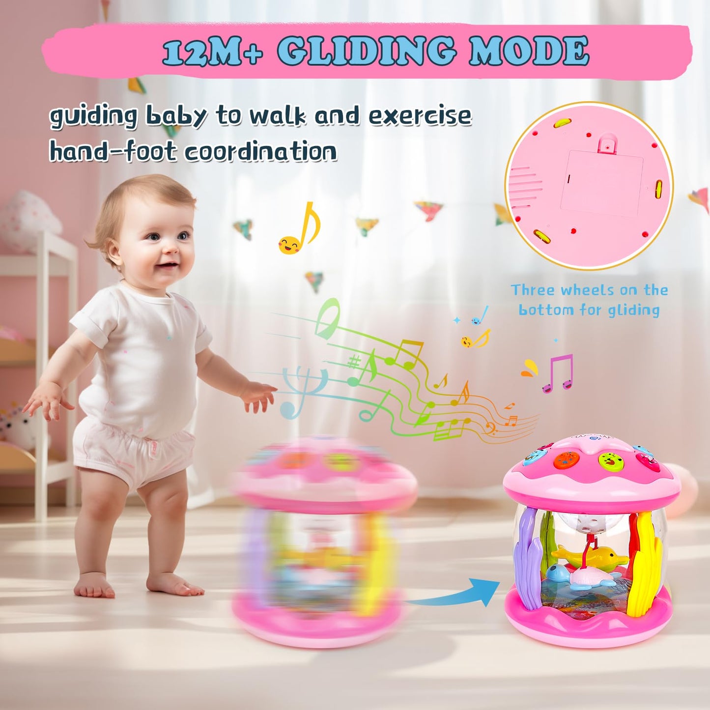 M SANMERSEN Baby Girl Toys 6-12 Months - Babies Ocean Rotating Projector Light Up Musical Toys for 12-18 Months Crawling Learning Tummy Time 1 2 Years Old Infant Boys Girls Pink