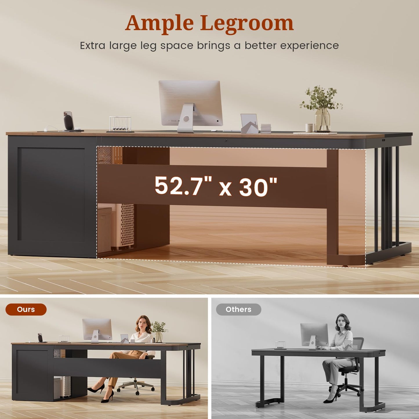 70.9" Executive Desk with Power Outlet, Large Office Desk with Drawers & Lateral File Cabinet, Long Computer Desk with Adjustable Storage Shelves, Modern Workstation Business Furniture (Walnut)