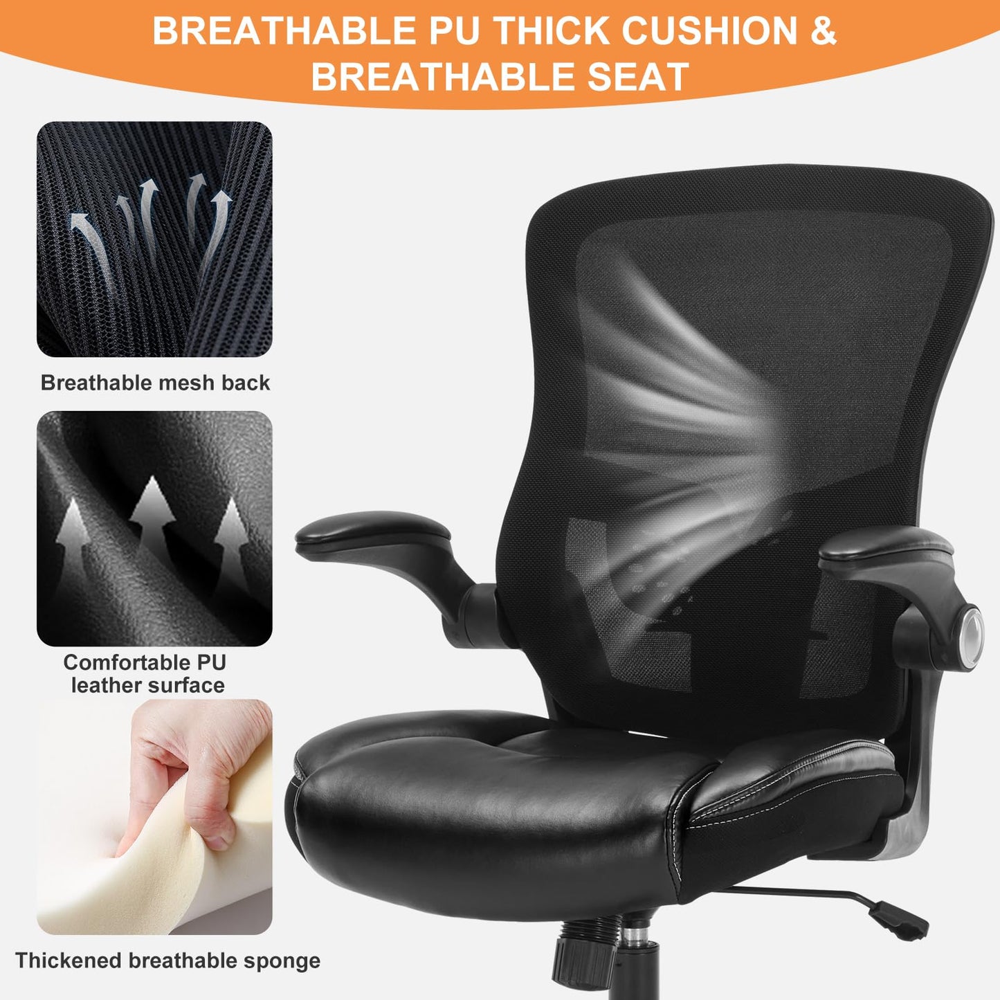 Ergonomic Office Chair, PU Leather Ergonomic Desk Chair with Mesh Back Adjustable Lumbar Support Home Gmaing Desk Chair with Wheels and Flip-Up Armrests, 360°Swivel, Tilt Lock and Wide Cushion-400LBS