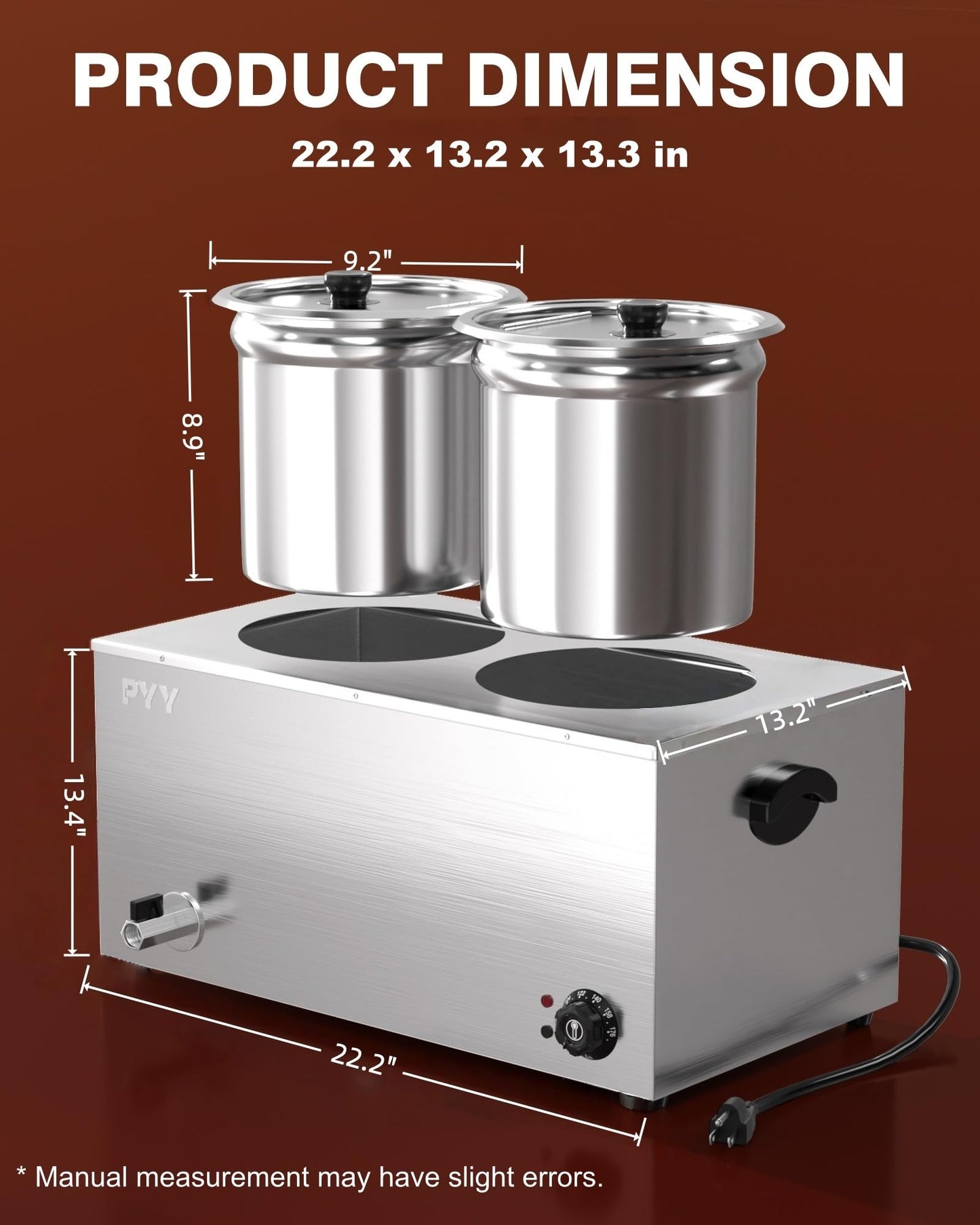 PYY Soup Warmer Commercial - Two 9.2QT Stainless Steel Bain Marie Round Pot 86~185°F Adjustable Temp, 1500W Electric Soup Warmer Countertop with Anti-Dry Burn and Reset Button for Restaurant, Buffet