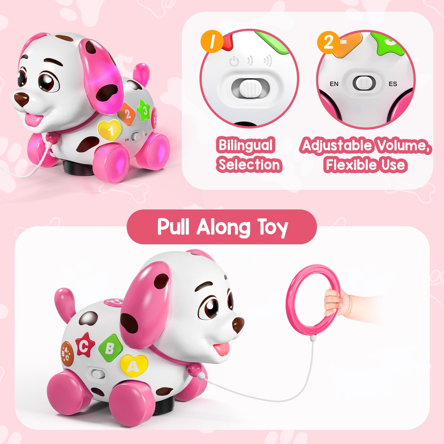 ToddlerCley Musical Puppy Toys for 1 Year Old Girl Gifts, 1st Birthday Gril Gift, Bilingual Baby Toy 6-12-18 Months, Learning Toy for 1 Year Old Boy Present with Sound Light
