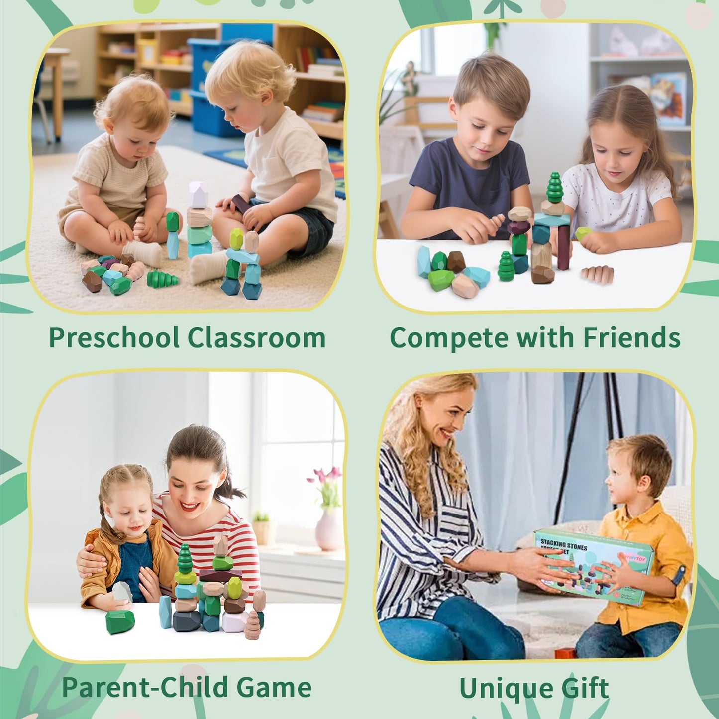 YHHYTOY 40 PCS Wooden Stacking Rocks Building Blocks Forest Theme, Sensory Learning Montessori Toys for 3 4 5 Year Old Kids, Preschool Educational STEM Toys Toddler Games Birthday Gifts for Girls Boys