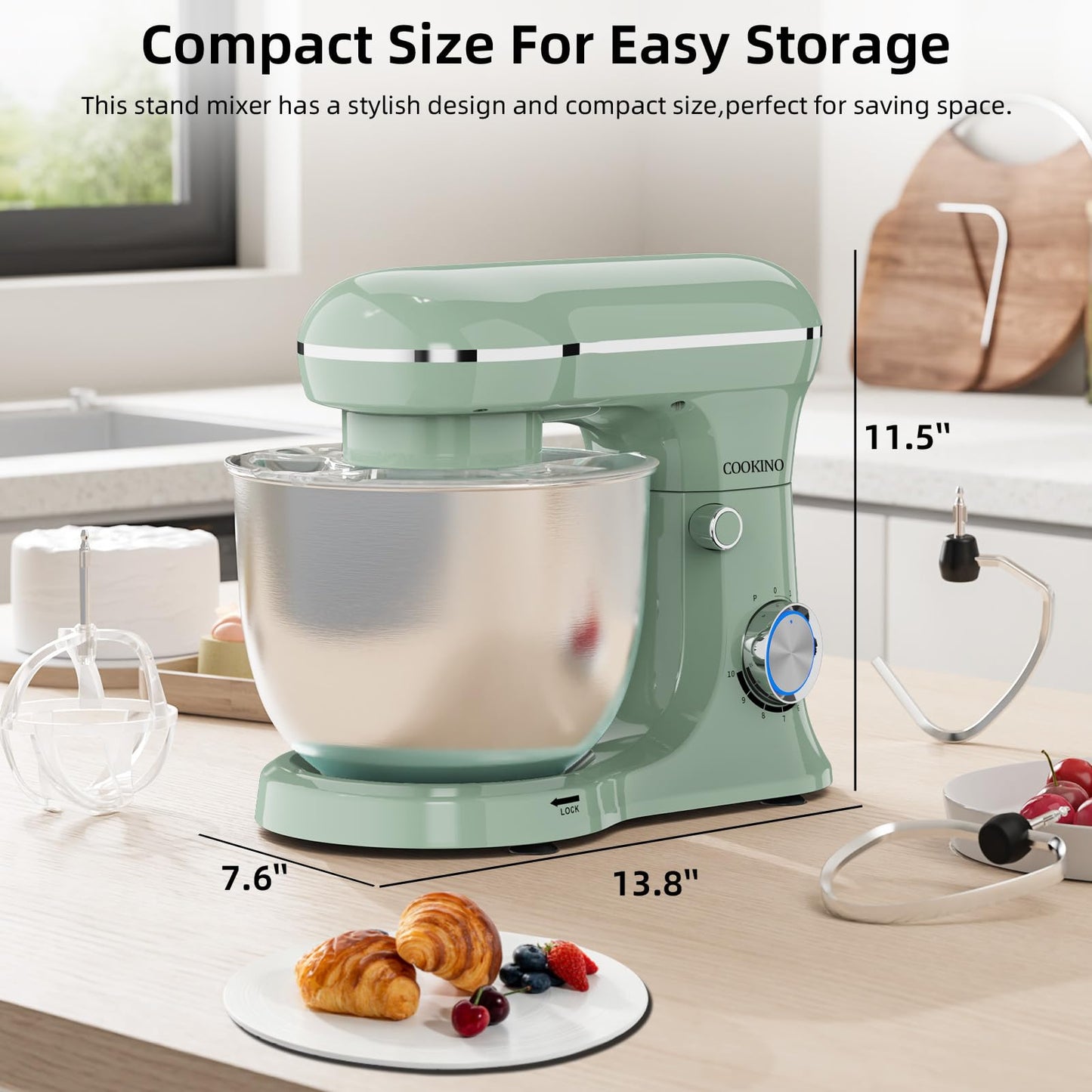 COOKINO Electric Stand Mixer,10 Speeds 660W Tilt-Head Food Mixer, 3-IN-1 Kitchen Mixer for Daily Cooks with 6.5 QT Bowl,Dough Hook, Beater, Whisk (Agave Green)