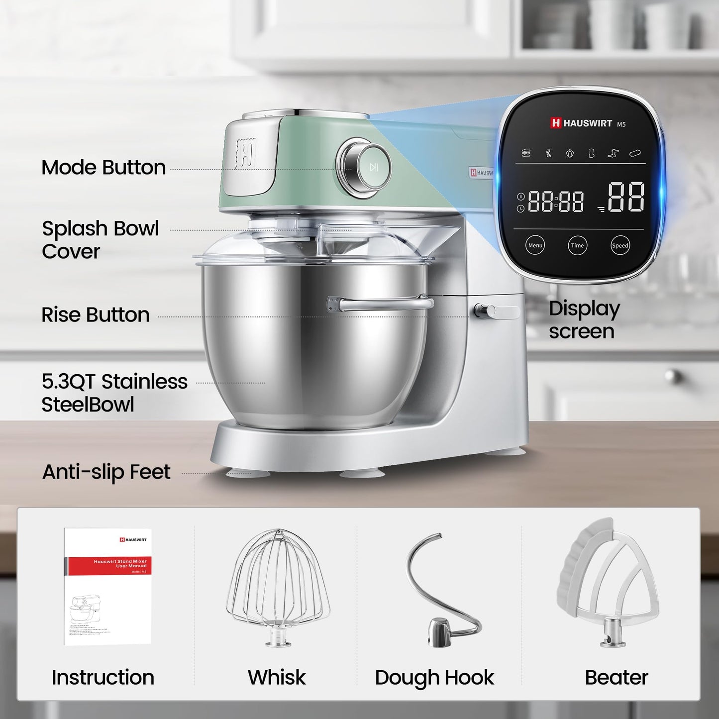 Hauswirt High-End Smart Stand Mixer M5, LED Touchscreen Mixers Kitchen Electric Stand Mixer, 5 Preset Menus, 5.3Qt Dough Mixer, 11speeds Kitchen Mixer with Egg Whisk, Dough Hook, Beater, lake green