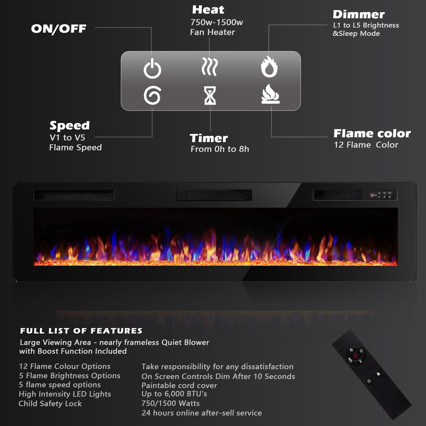 BOSSIN 72 inch Ultra-Thin Silence Linear Electric Fireplace, Recessed Wall Mounted Fireplace, Fit for 2 x 4 and 2 x 6 Stud, 12 Adjustable Flame Color & Speed,Touch Screen Remote Control with 8h Timer