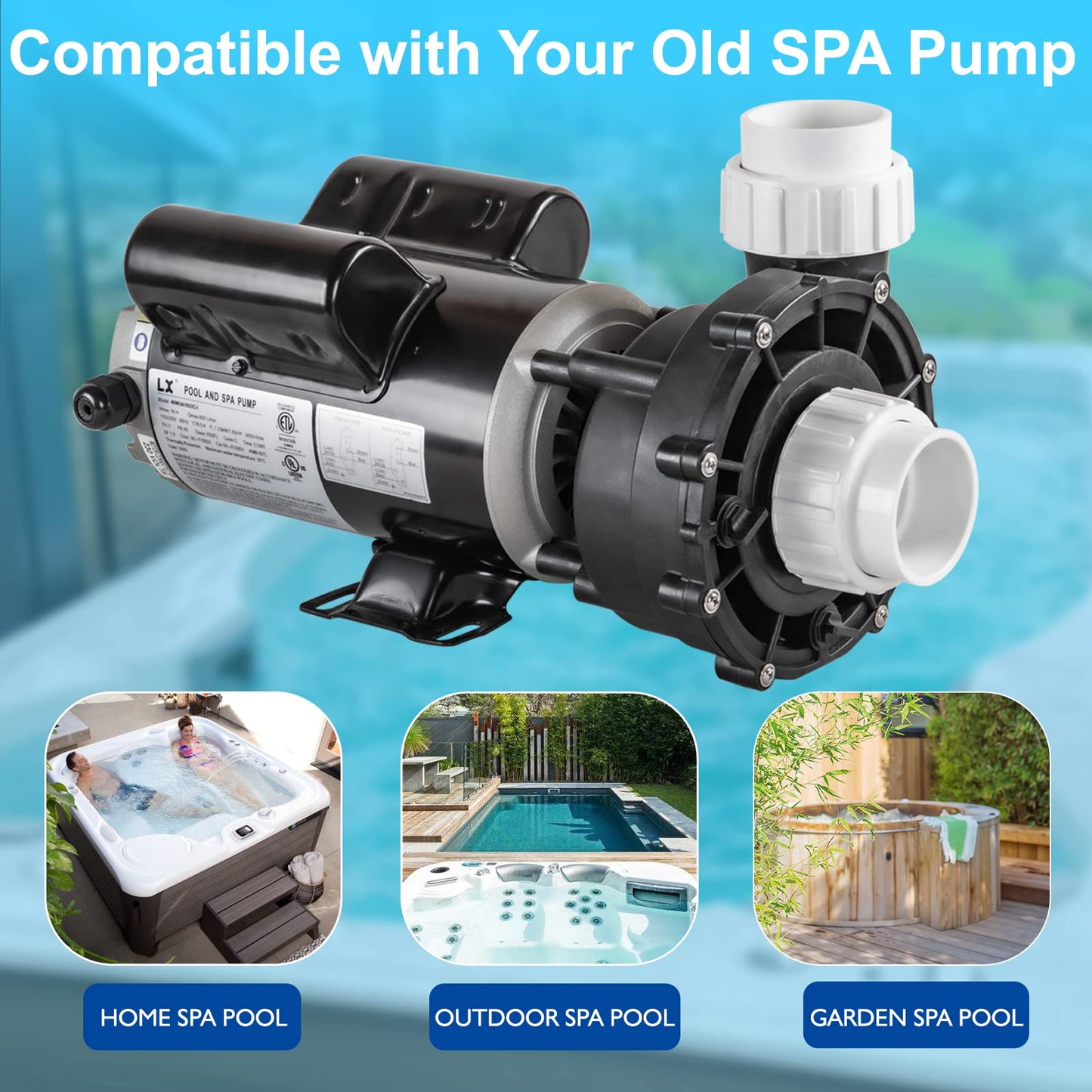 LINGXIAO Single Speed Hot Tub SPA Pumps - LX SPA Pump Motor 2.5HP, (115V or 230V)/60HZ, 2" Port, 48 Frame High Performance SPA Pump - (Model: 48WUA1653C-I)