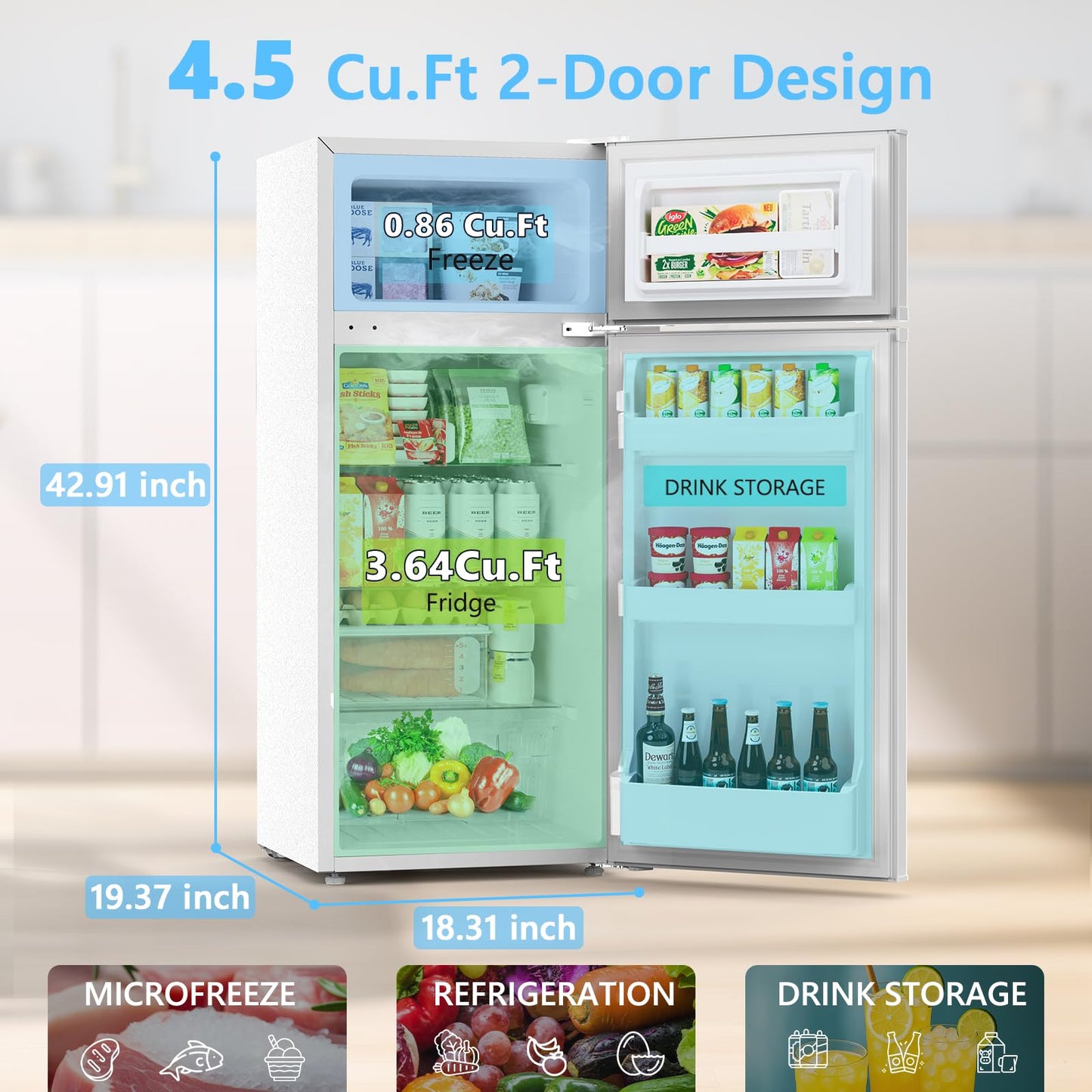 COWSAR 4.5 Cu.Ft Dorm Fridge With Freezer, 2-Door Compact Refrigerator With 2 Removable Shelves, 3 Level Adjustable Thermostat, Commercial Office Fridge for Bedroom, Kitchen, Apartment, Dorm, White