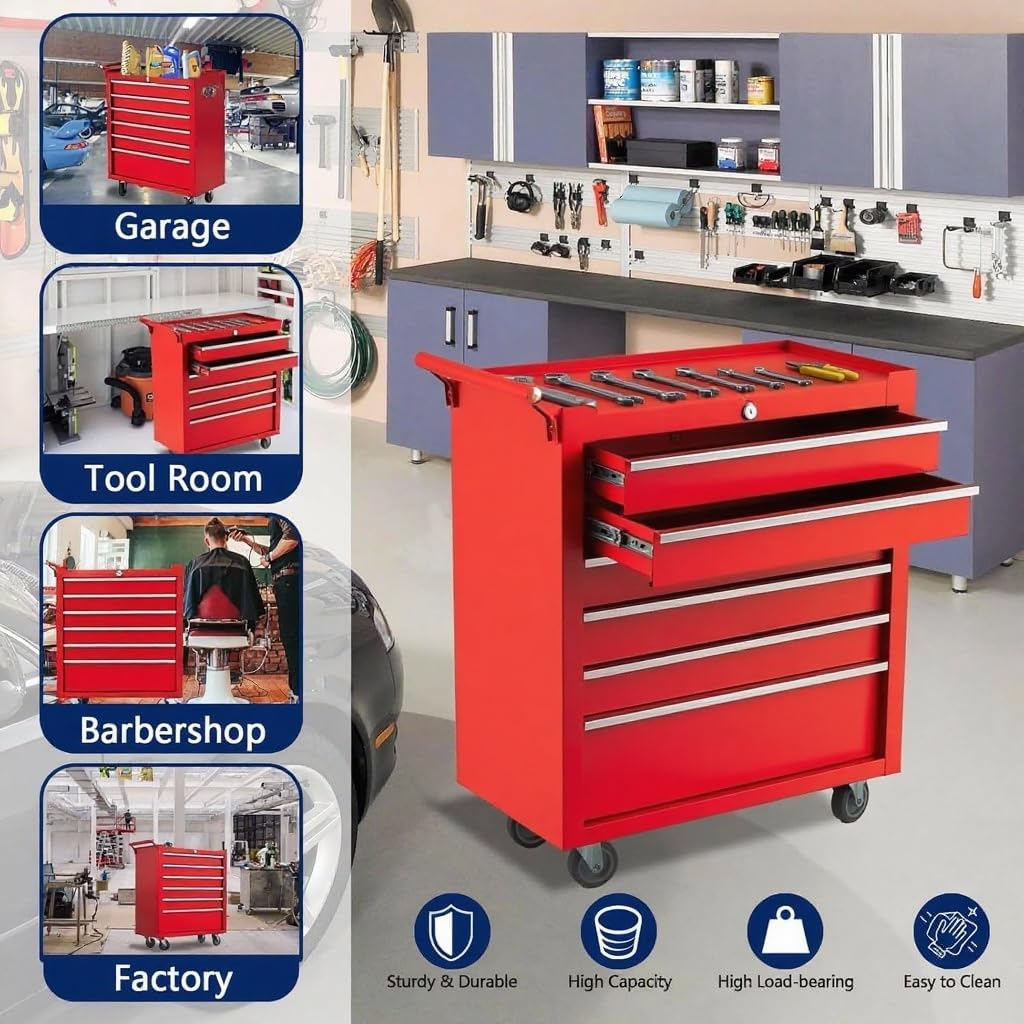 GarveeTech 6-Drawer Tool Chest, Rolling Tool Box with Wheels and Lock System, Portable Storage Rolling Tool Chest for Warehouse, Workshop & Repair Shop, Red