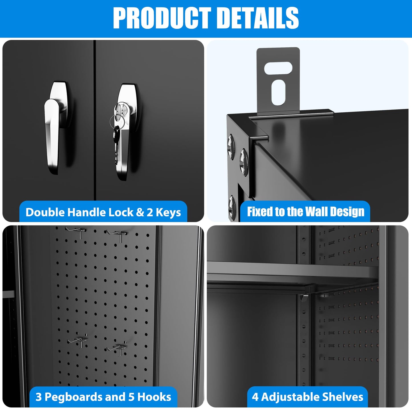 2025 Upgraded Wide & Deep Garage Storage Cabinet with Wheels, Lockable Metal Storage Cabinet with Pegboards and 9 Hooks, 2 Tool Pouches for Garage,4 Adjustable Shelves (Black,43''W x 22''D x 72''H)