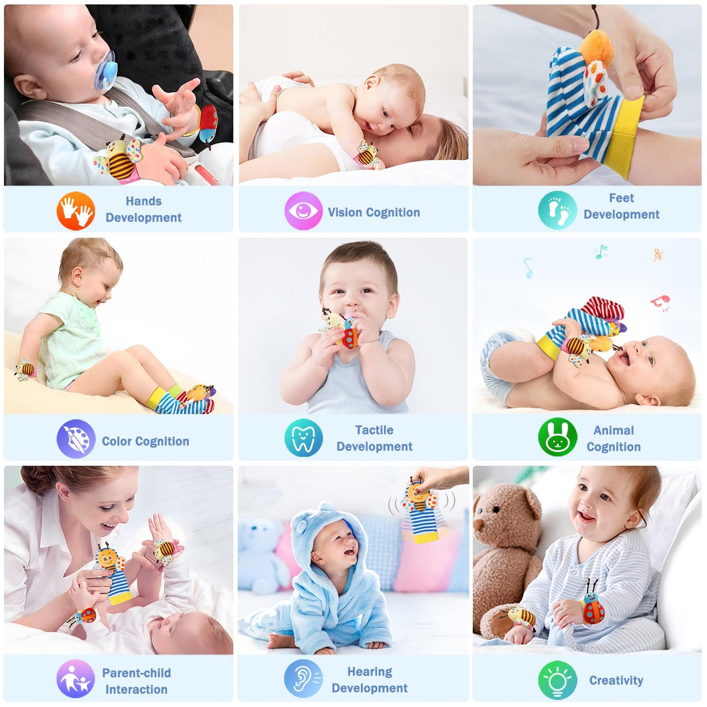 Bloobloomax Wrist Rattle Socks and Foot Finder Set, Infant Girl Boy Toys for Babies 0-36 Months, Newborn Hand & Foot Toys for 0 to 3 Years, Baby Shower Gifts Set Mother's Day Gift