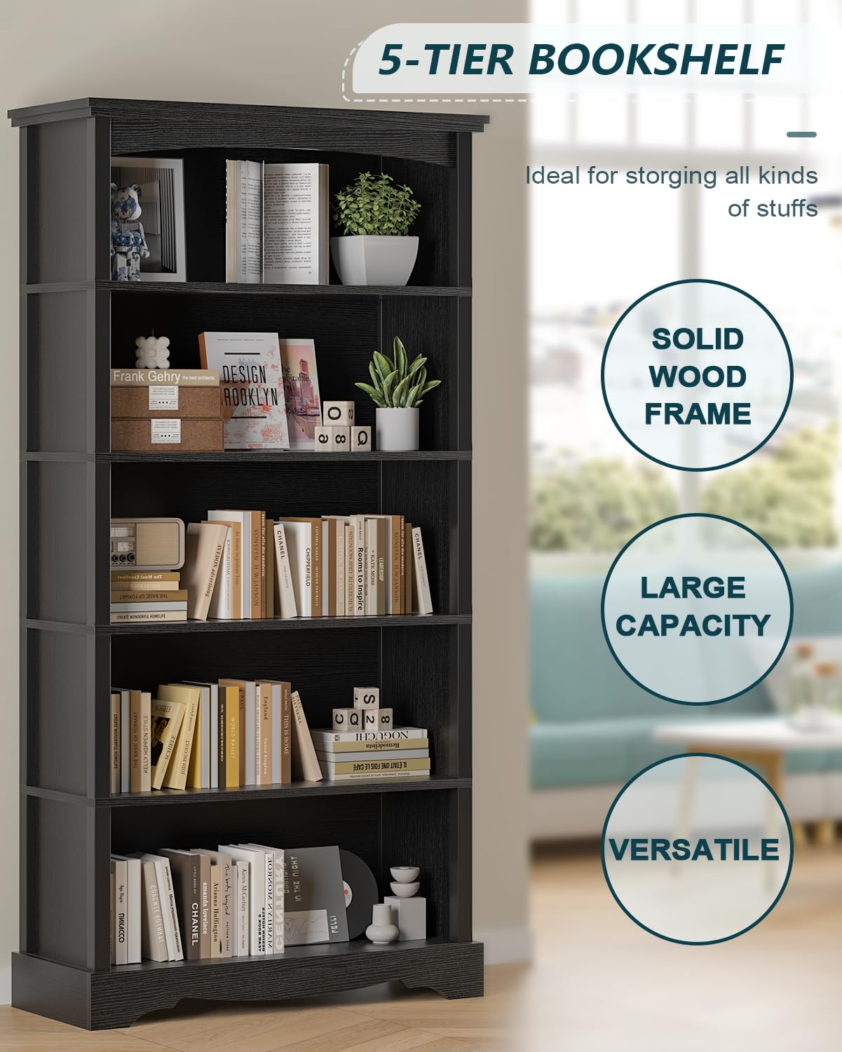 TVU 5-Tier Wooden Bookshelf, 65 Inch Tall Bookshelf with Storage, Floor Standing Modern Style Display Bookcase for Living Room, Office, Study Room, Entryway, Black
