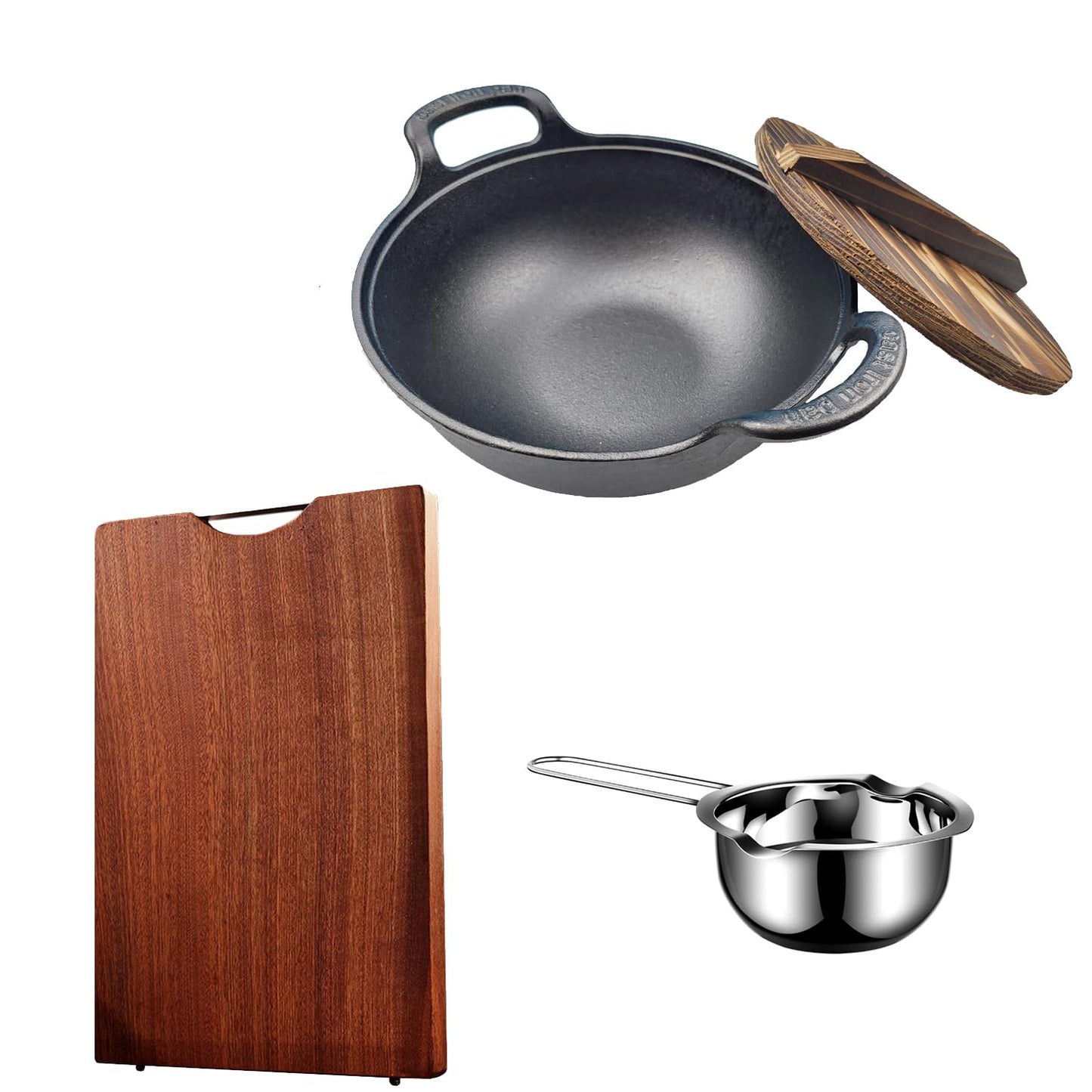 CKHNX Cast Iron Yuanbao Pot Double Handle Wok Combo, Multi-Use Dutch Oven Cookware Set for All Stoves, Home & Camping Cooking (10‘’ 3-Piece Combo)