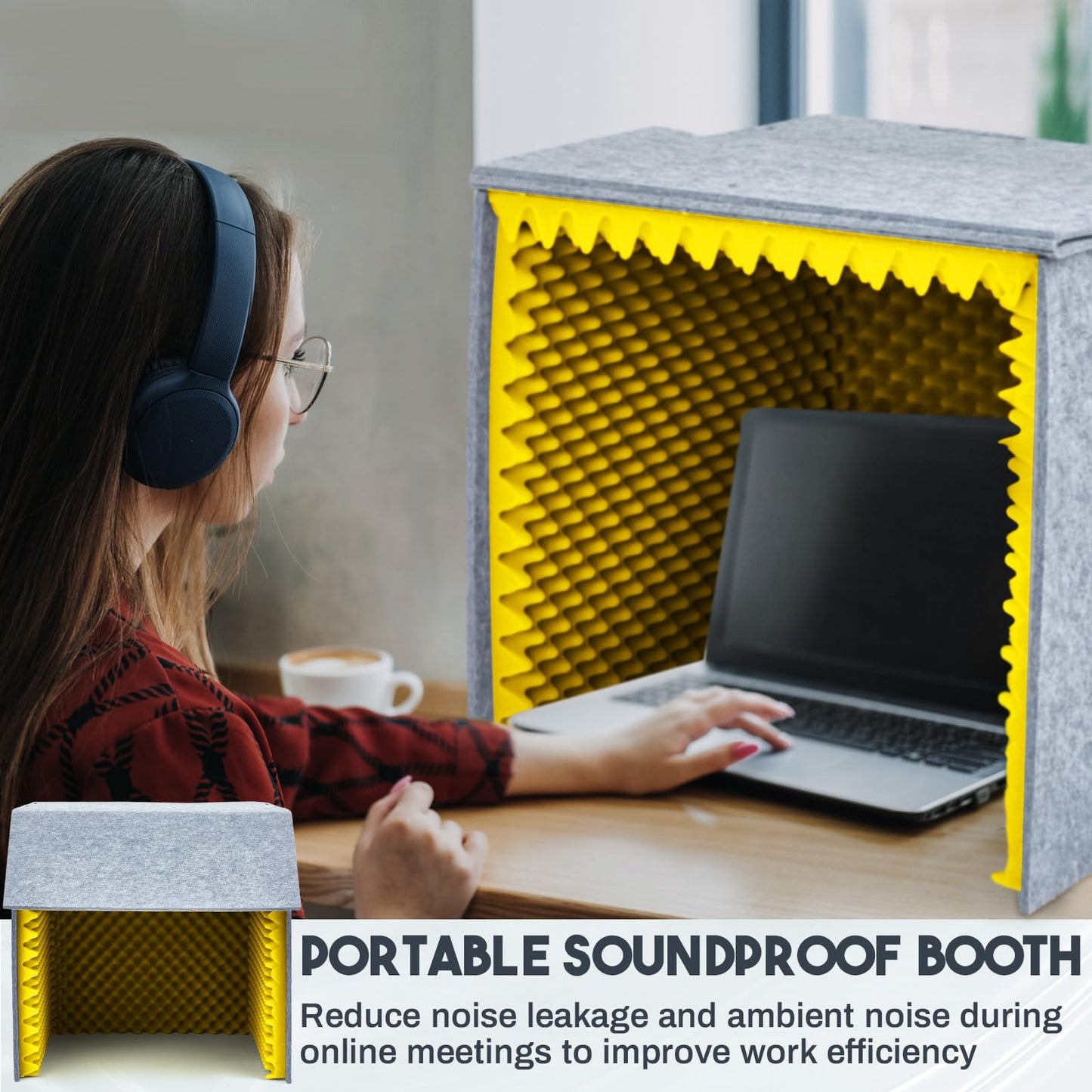 Pushglossy 28x 28 x 28 Inch Desktop Soundproof Cover Portable Vocal Recording Booth Vocal Absorbing Shield Microphone Isolation Booth Cube for Music Studio Podcasts Decreasing Noise Home (Yellow)