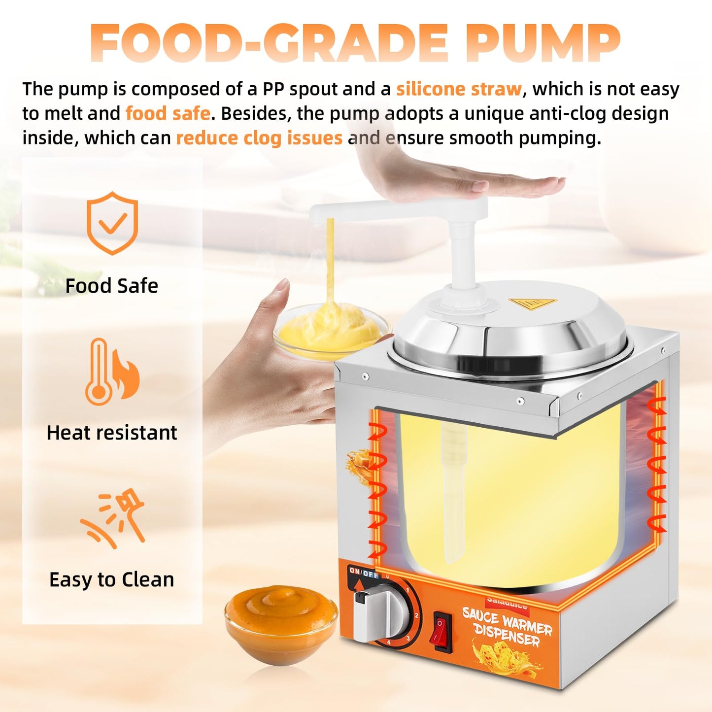 Nacho Cheese Dispenser Warmer 2.6Quart Cheese Sauce Warmer with 2 Pumps&9 Stickers, Hot Fudge Dispenser Warmer 5-Level Insulated Pump Dispenser for Sauce Cheese Fudge Caramel
