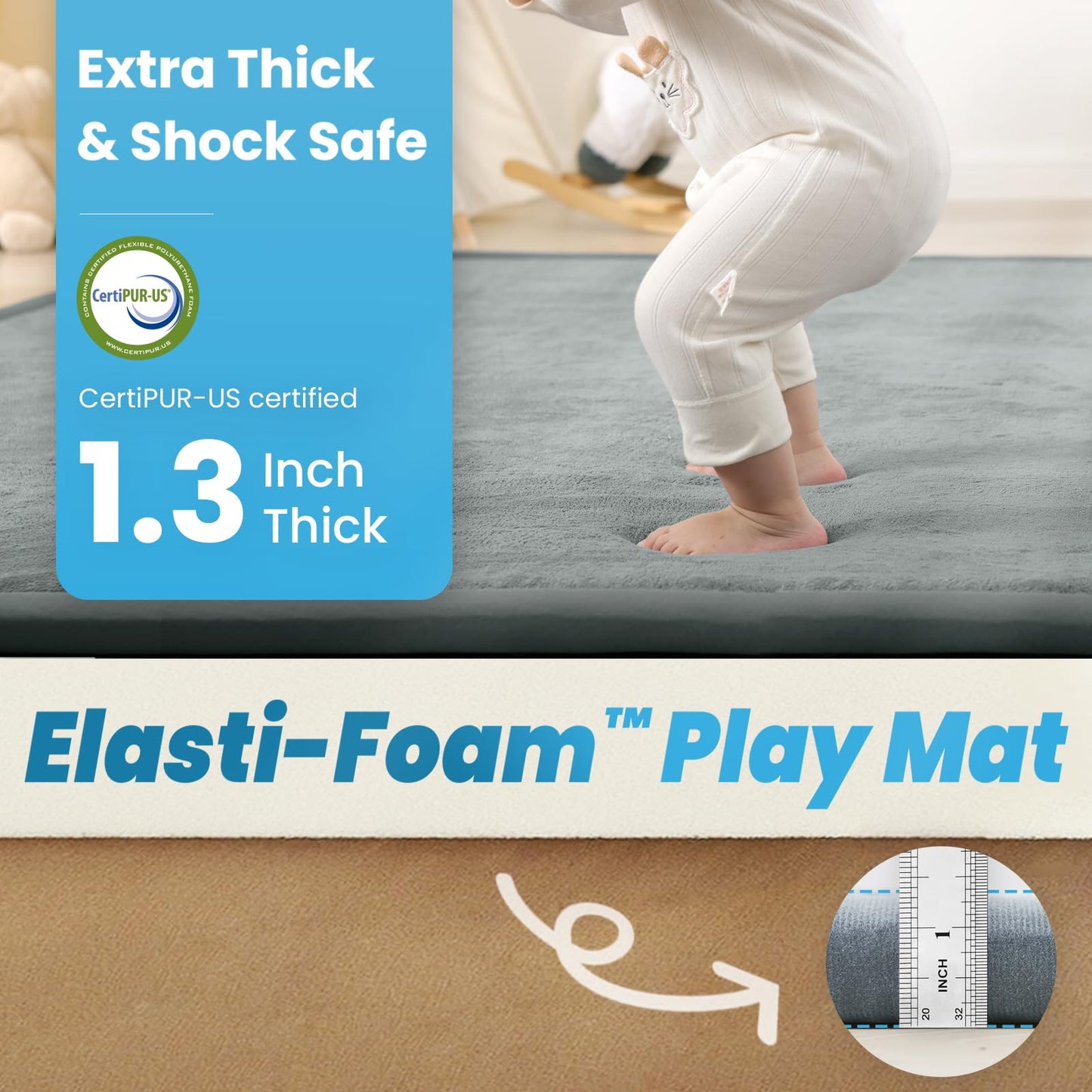PaPaMat 1.3" Thick Baby Play Mat for Floor, 79x118 Large Foam Tummy Time Mat, Padded Support Soft Plush Nursery Rug for Infant Kids Toddler Crawling Kick Activity (Light Grey)