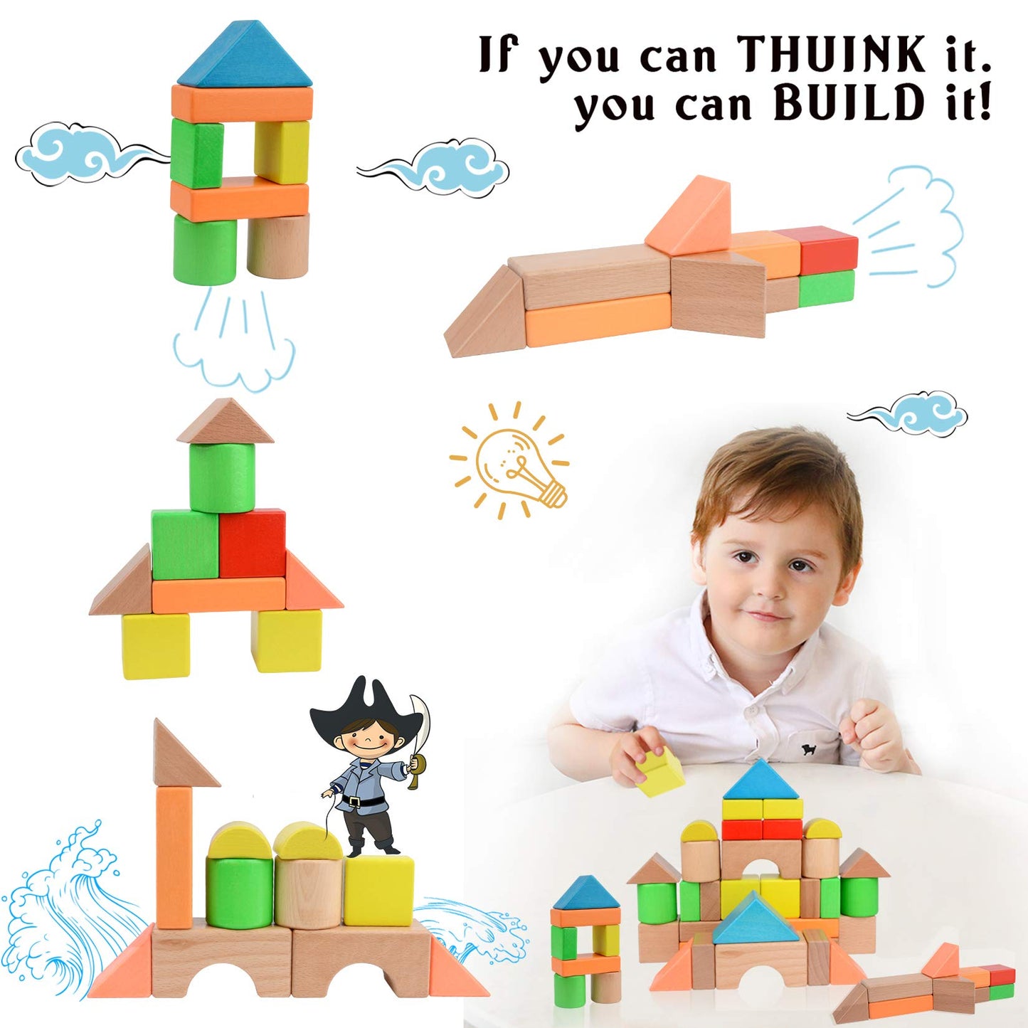 Migargle Large Wooden Building Blocks Set - Educational Preschool Learning Toys with Carrying Bag, Toddler Blocks Toys for 3+ Year Old Boy and Girl Gifts
