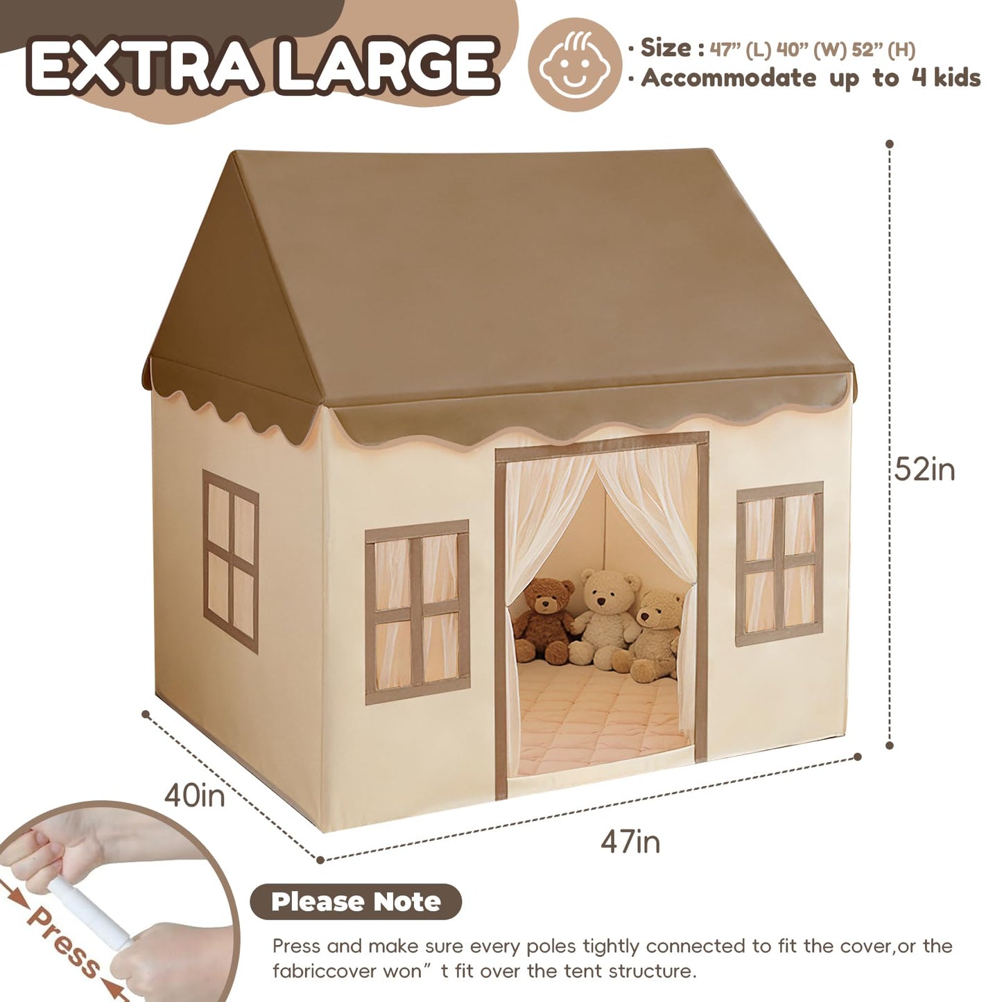 WIRHAO Kids Tent with Padded Mat Playhouse with Large Space for Toddlers Indoor Kids Play Tent for Girls Boys with Stars Lights, Carry Bag, Banner Flag (Brown)