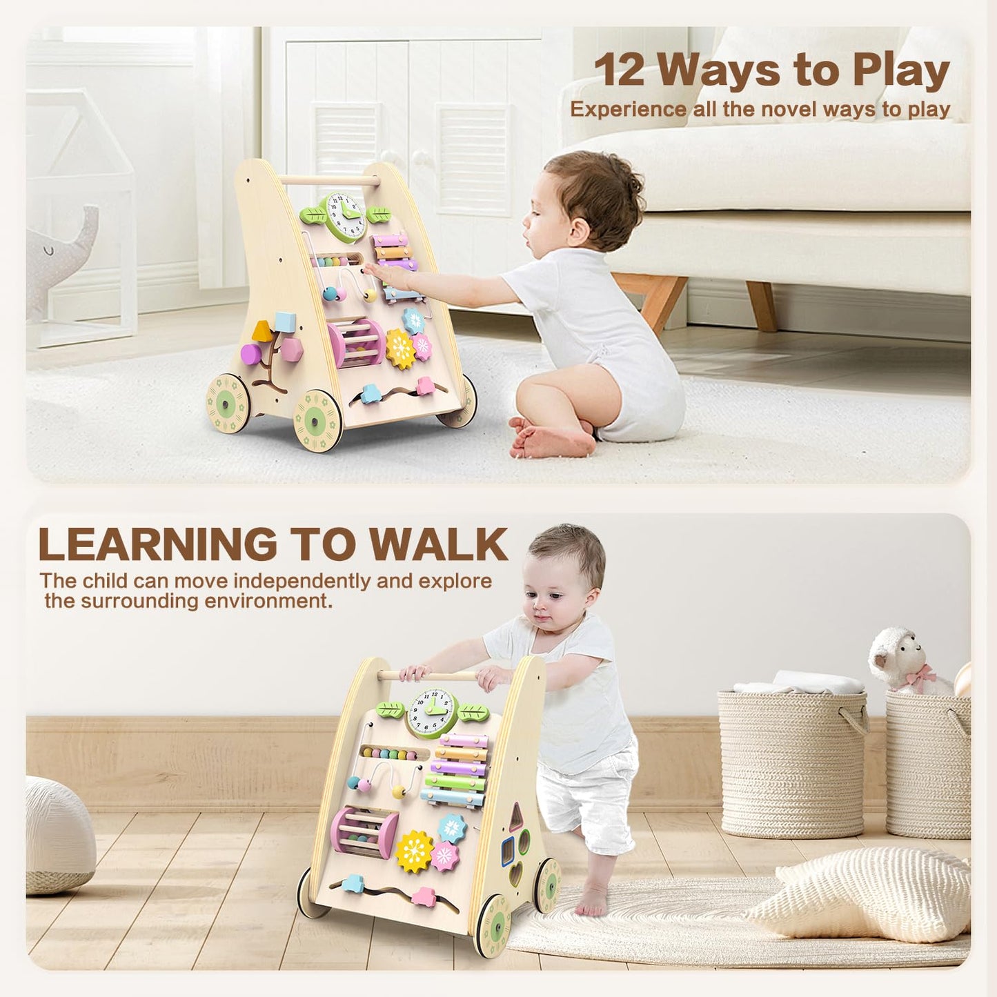 Wooden Baby Walker,Adjustable Speed Push Walker with Wheels and Learning Activity Center,Montessori Walker for Babies 12 Months,Baby Walker Push Toys for Baby Boys and Girls Gifts (Natural)