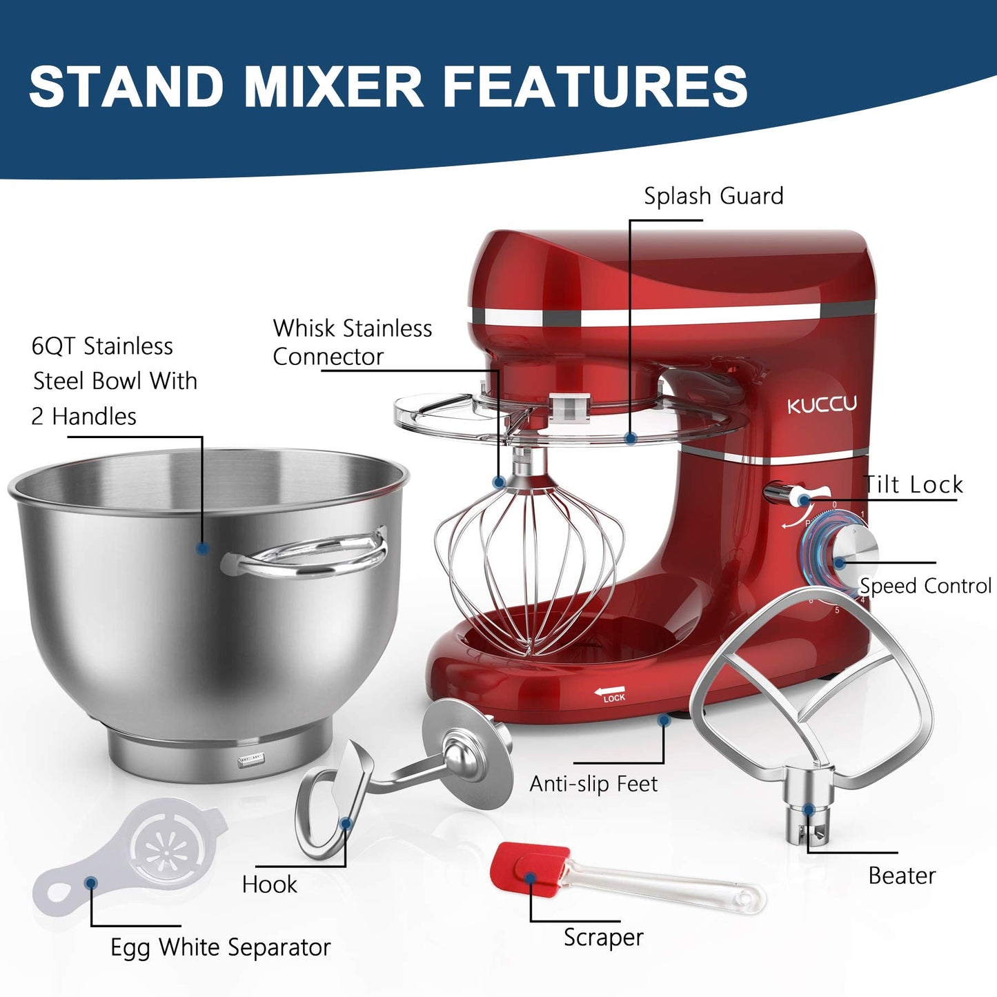 KUCCU Stand Mixer, 6.5 Qt 660W, 6-Speed Tilt-Head Food Dough Mixer, Kitchen Electric Mixer with Stainless Steel Bowl,Dough Hook,Whisk, Beater, Egg white separator