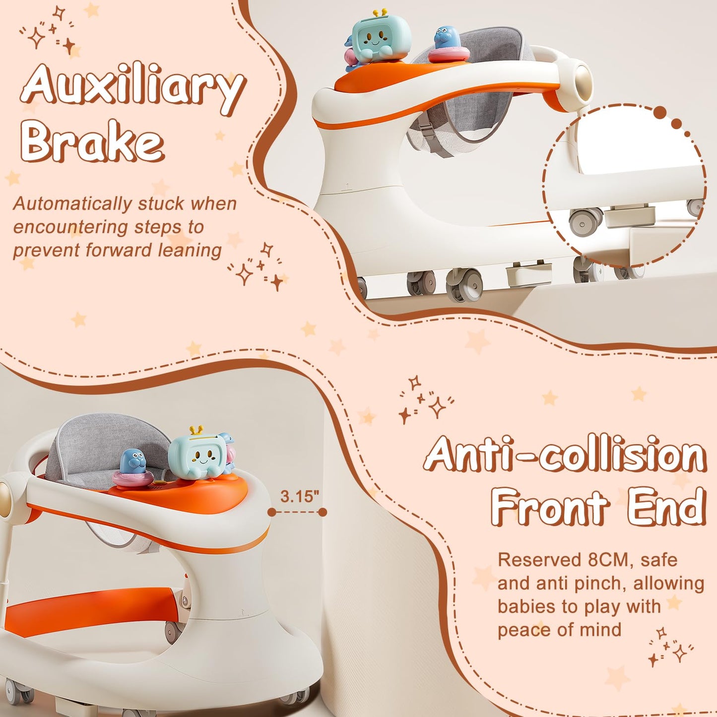 Baby Walker with Wheels, 5-in-1 Foldable Baby Walker for Boys and Girls 7-18 Months with Adjustable Height Detachable Seat and Music Tray Baby Activity Walker, Anti-Fall Activity Center for Boys Girls
